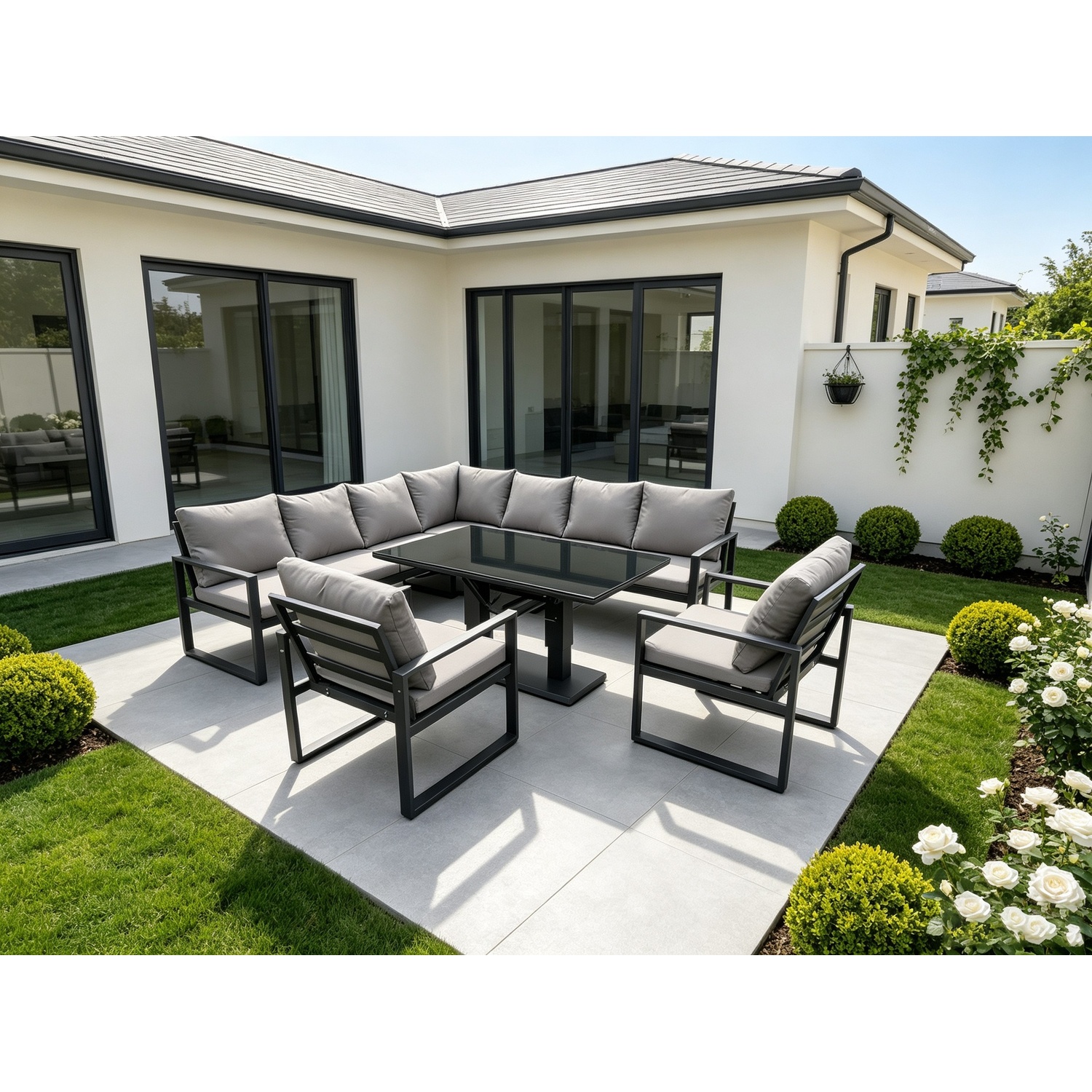Fimous Dark/Grey 9 Seater Aluminum Outdoor Garden Furniture Set With Corner Sofa, 2 Arm Chairs, Adjustable Rising Dining Table - Image 2
