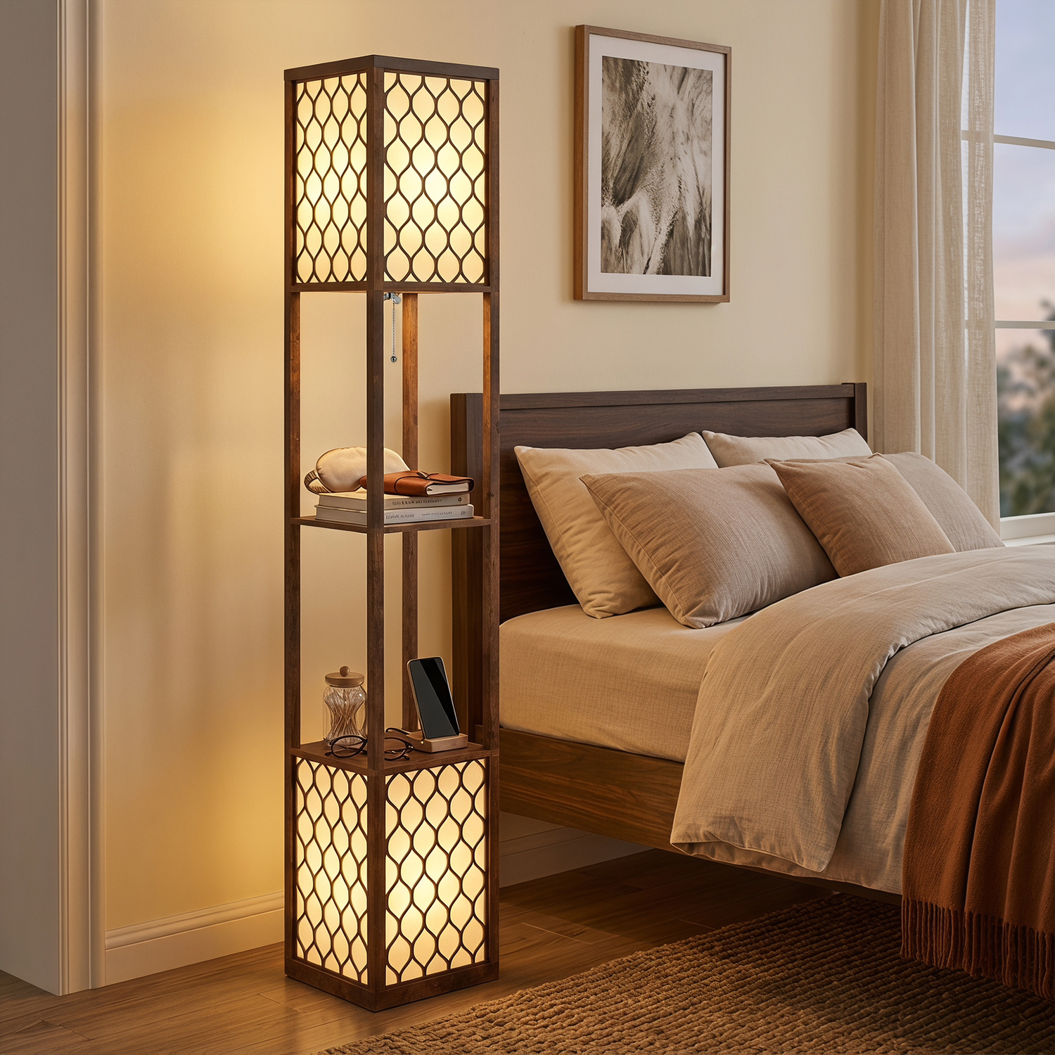 Homcom Brown Floor Lamp With Shelves And Fabric Lampshades - Rustic - Image 5