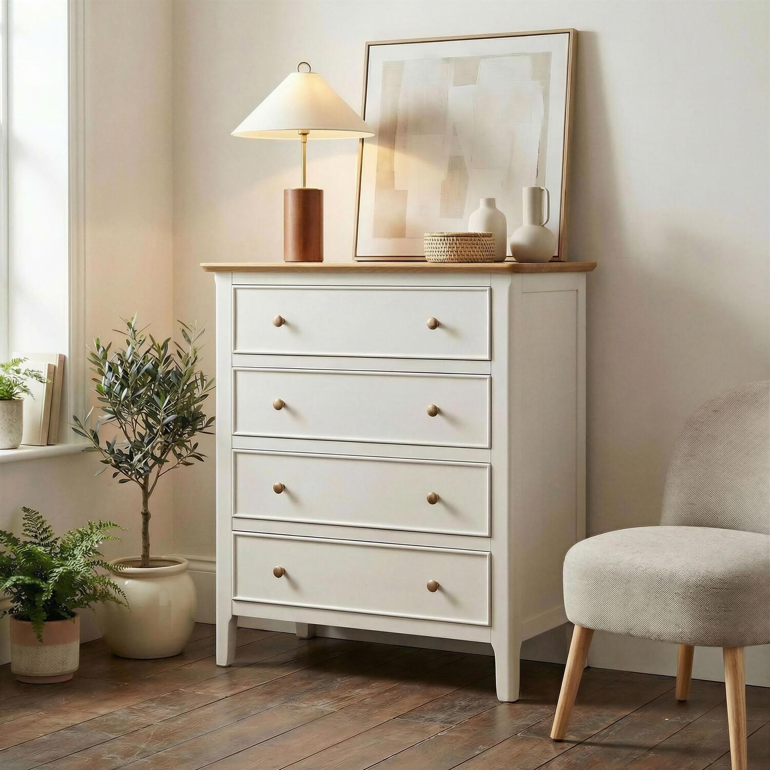 Furniturebox Uk Belle 4 Drawer Solid Wood Chest Of Drawers - Oak & Cream