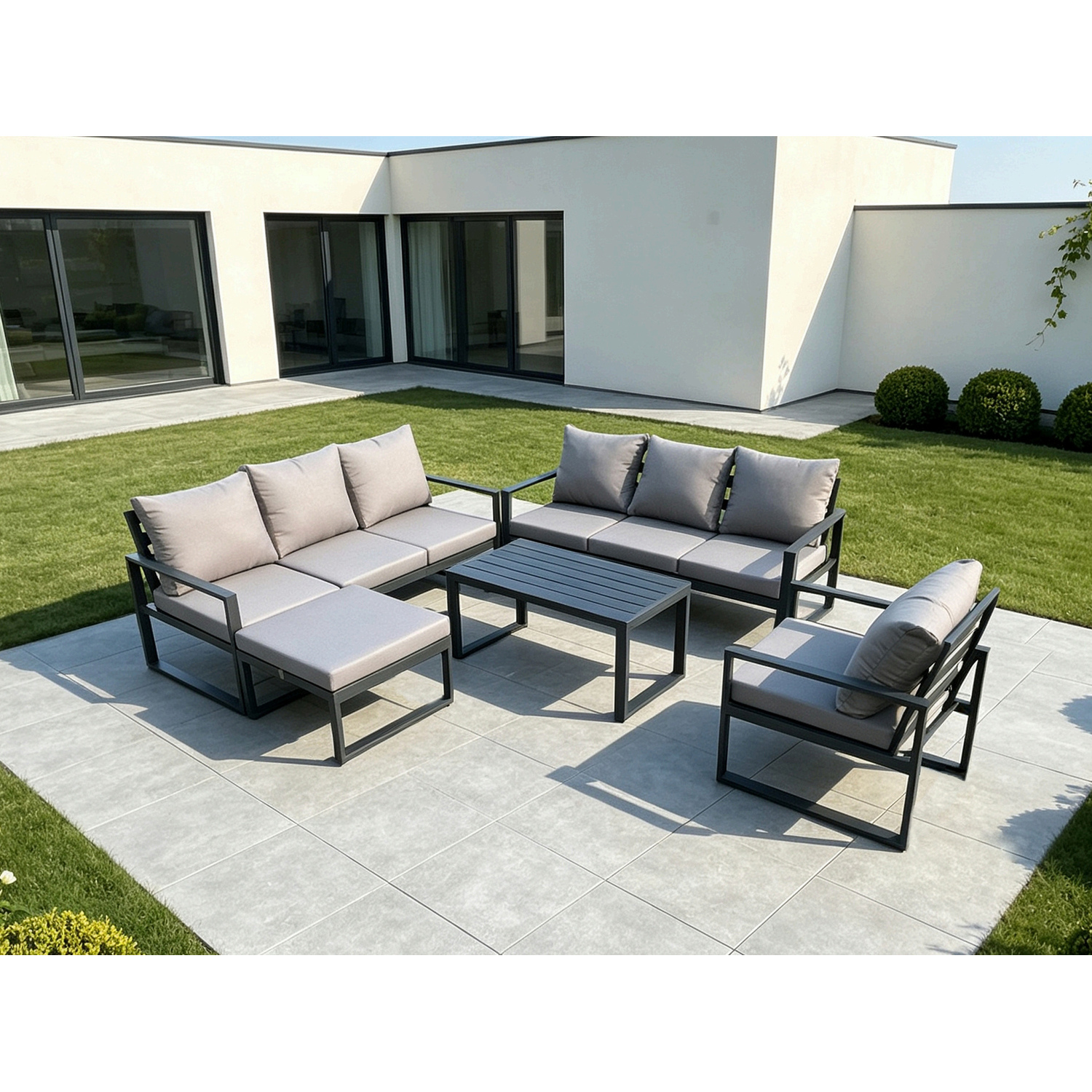 Fimous Unisex Dark Grey Aluminium Seater Garden Furniture Outdoor Patio Sofa Set With Rectangular Coffee Table Armchair Big Footstool Size 8 - Image 2