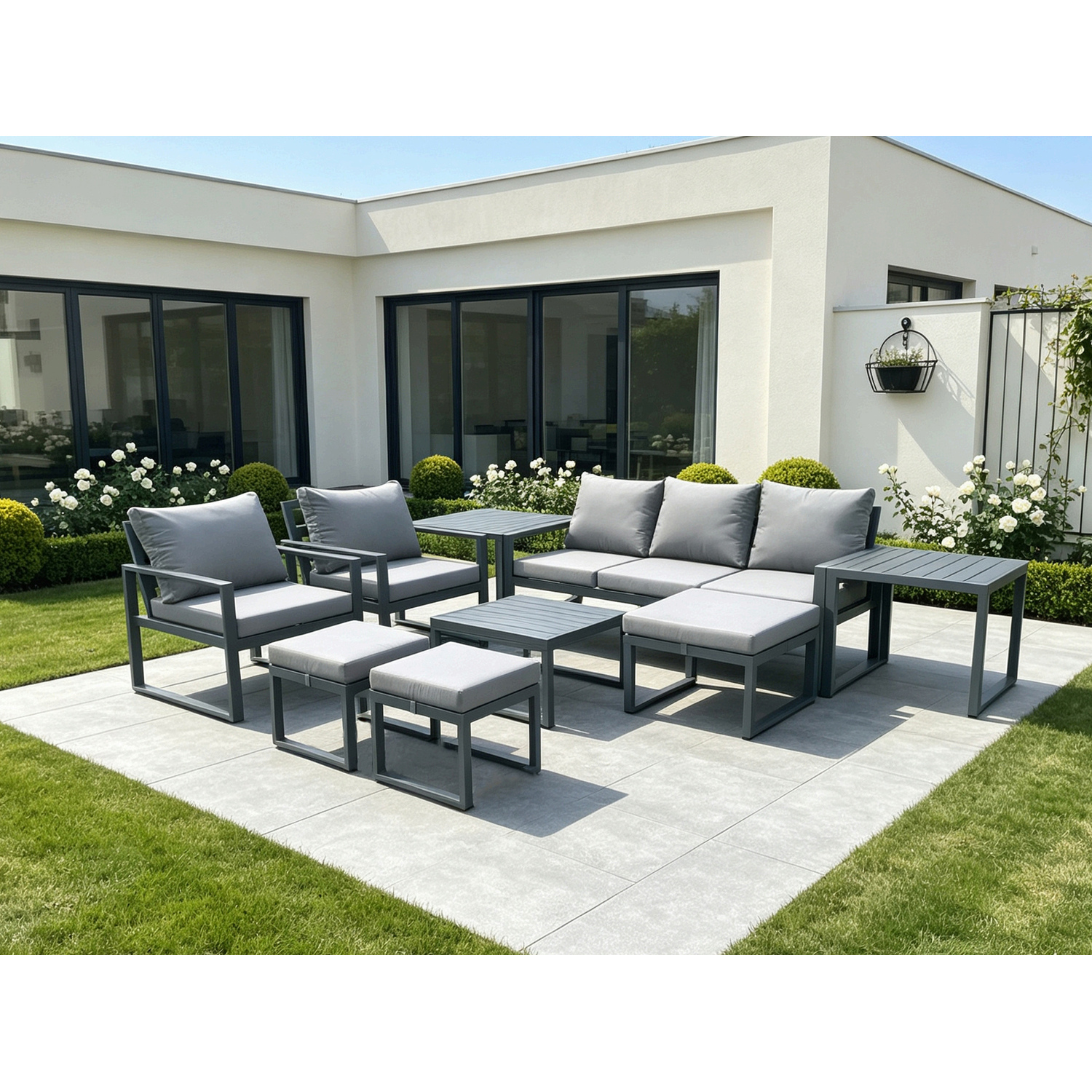 Fimous Unisex Dark Grey Aluminium Outdoor Lounge Sofa Set Garden Furniture Sets With Square Coffee Table Chairs 3 Footstools Side Tables 8 Seater Size 2 - Image 2