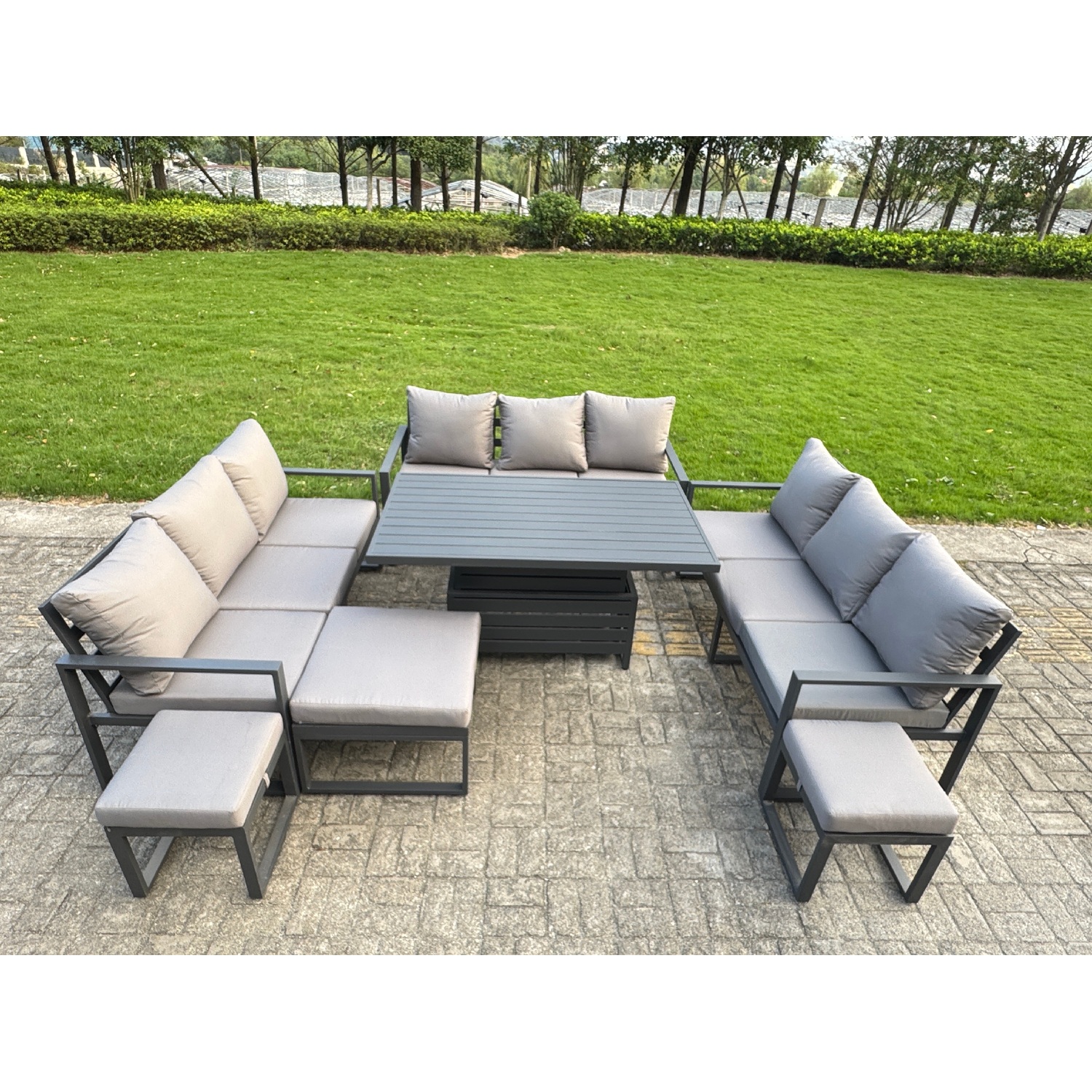B&Q - Aluminum Outdoor Patio Furniture Set With Adjustable Rising Lifting Dining Table 3 Footstools Dark Grey - Image 3