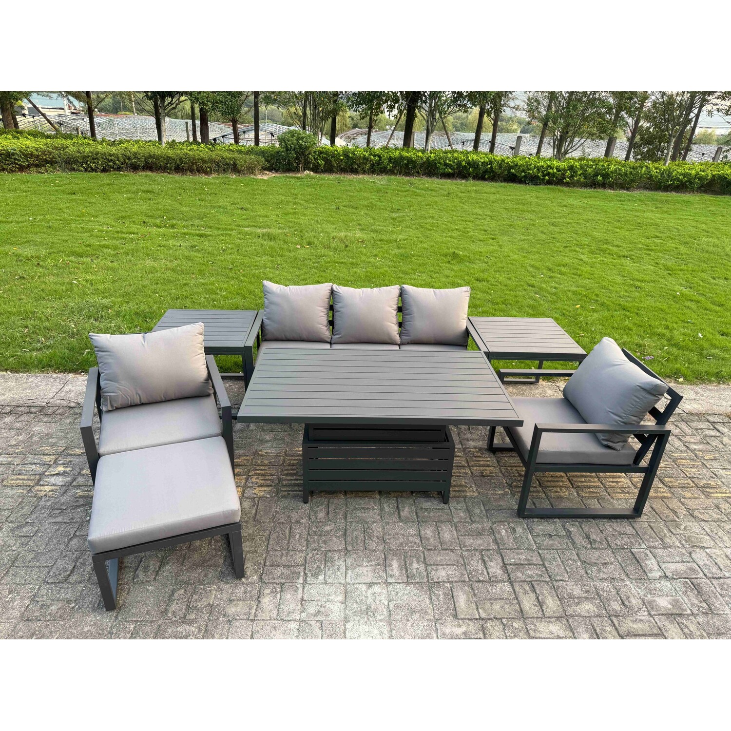 Rackhams Dark/Grey 6 Seater Aluminium Garden Furniture Set With Adjustable Rising Dining Table, 2 Chairs, Footstool, 2 Side Tables - Image 3