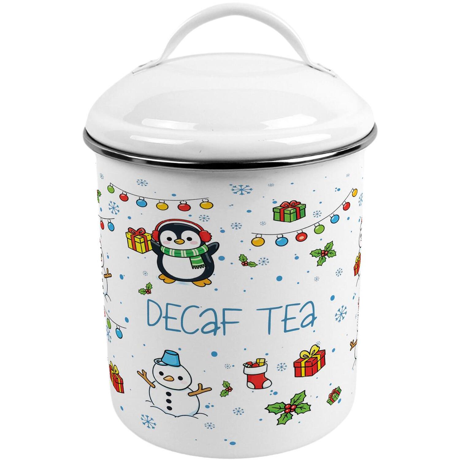 Purely Home Christmas Penguin Decaf Tea Canister - Metal Kitchen Storage Container - Multicoloured