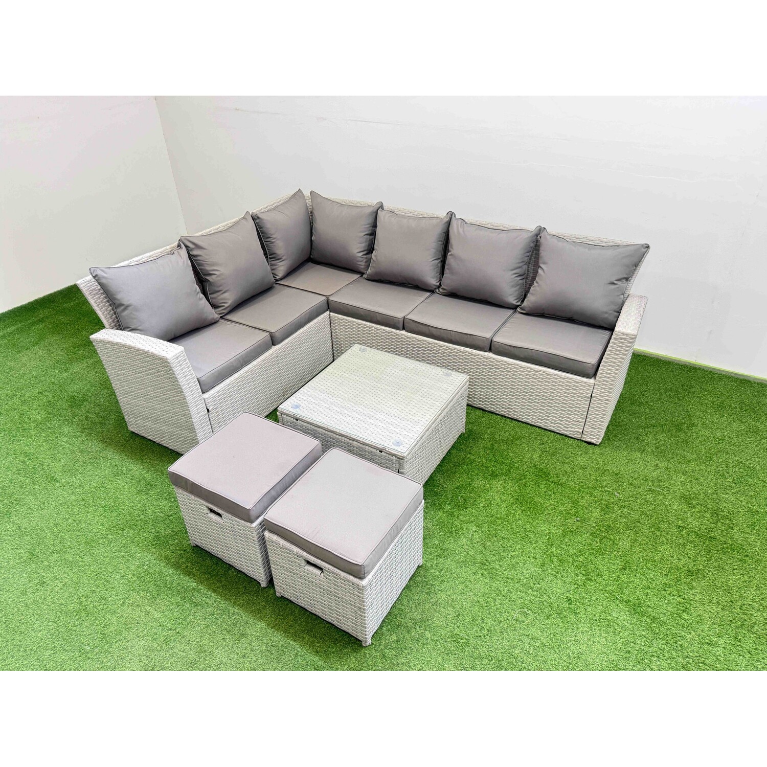 Rackhams Light/Grey Outdoor Rattan Garden Furniture Set 8 Seater Corner Sofa Sets With Square Coffee Table 2 Small Footstools Mixed - Image 2