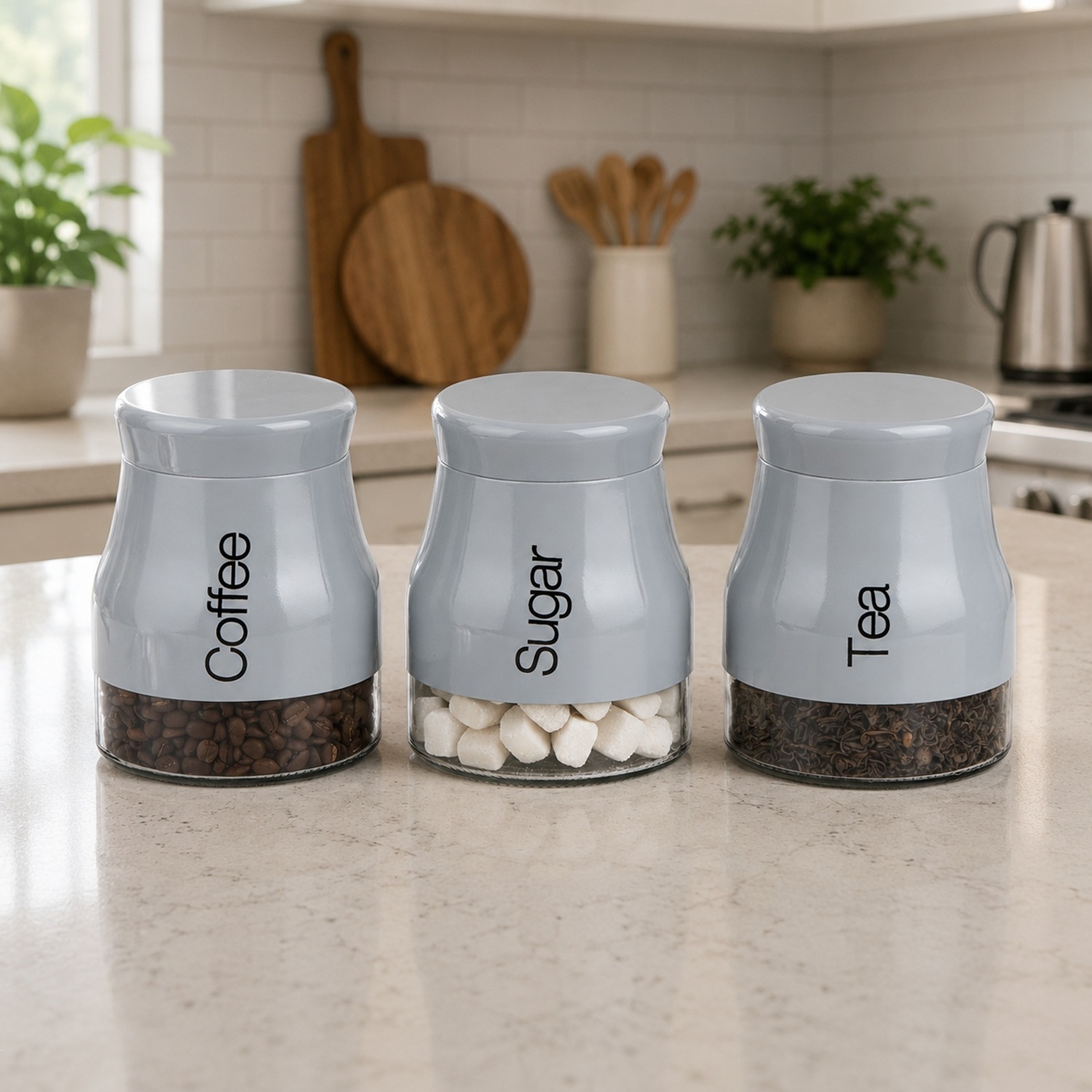 Gr8 Home Set Of 3 Grey Storage Canisters Tea Coffee Sugar Jars With Lids