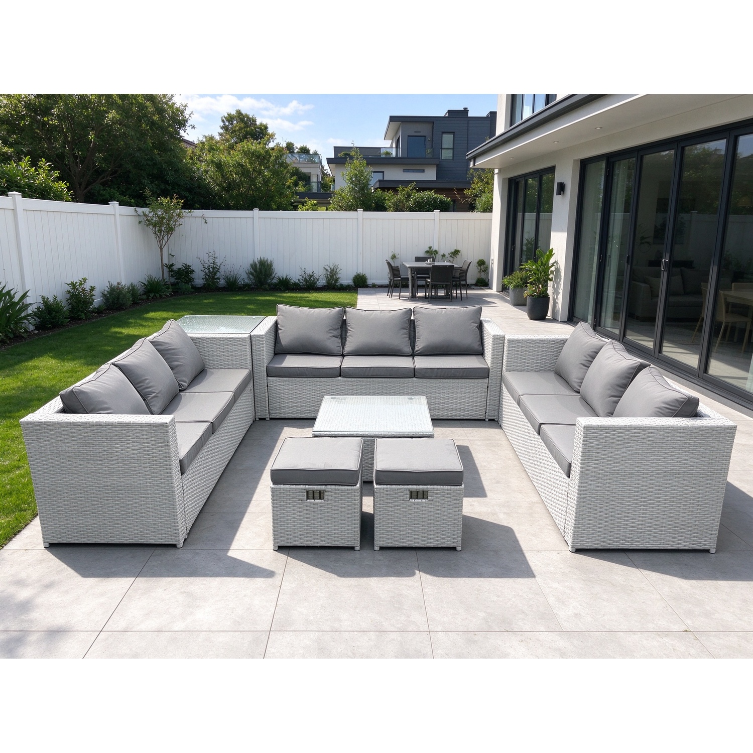 Rackhams Light/Grey Rattan Garden Outdoor Furniture Set 11 Seater Rattan Garden Sofa Set With 2 Small Footstool Side Table Mixed - Image 2
