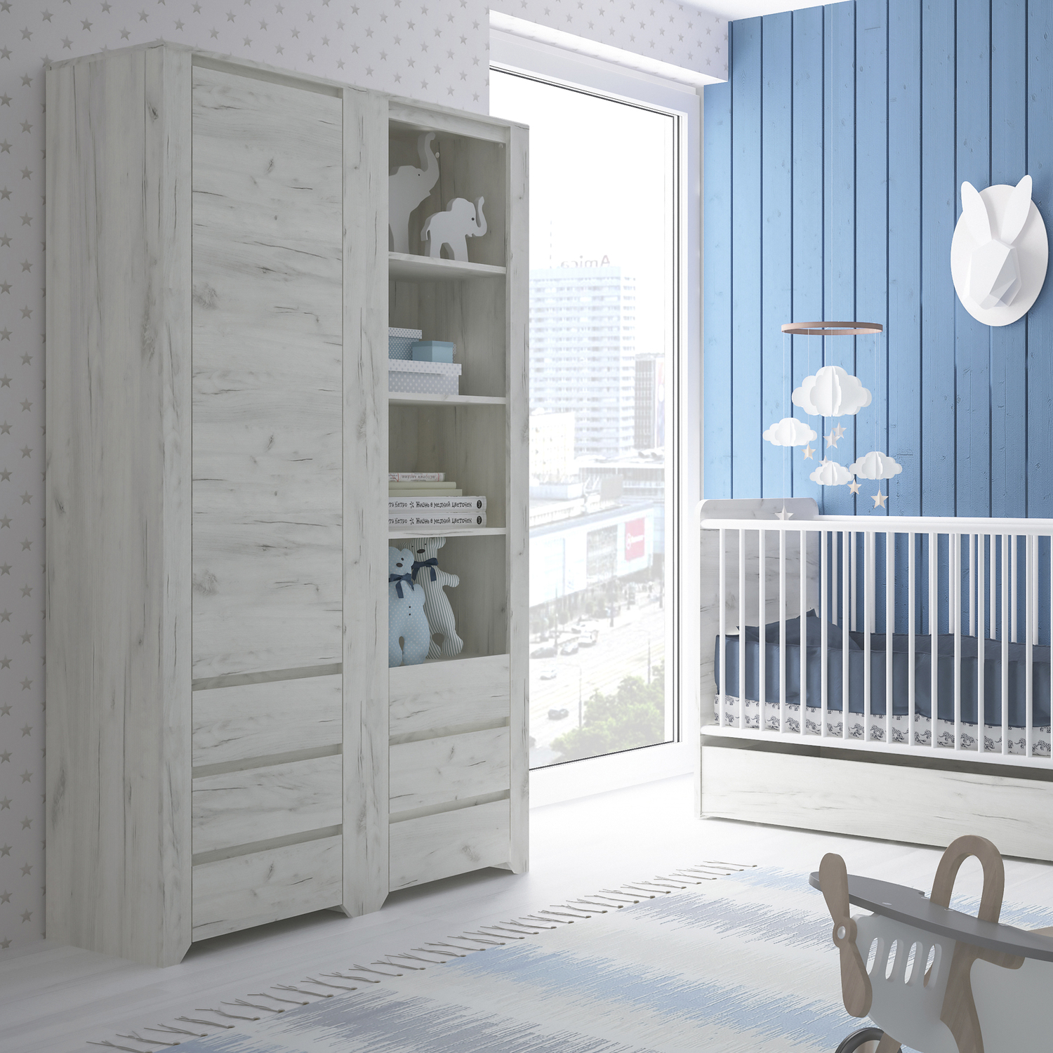 Marbel Tall Narrow One Door Three Drawer Narrow Cupboard - White Craft Oak