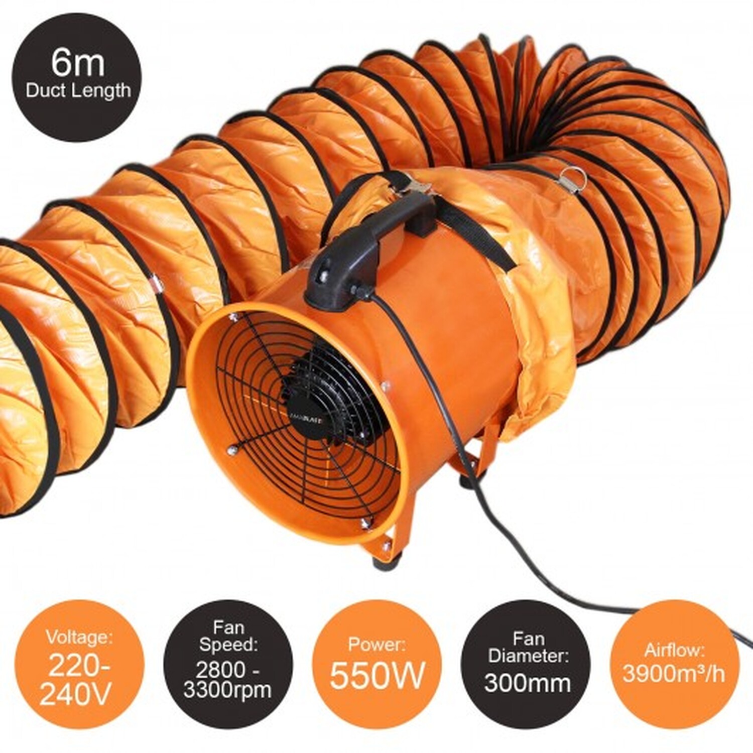 MAXBLAST Dust Extractor 300mm 550W with 6m Duct - Orange