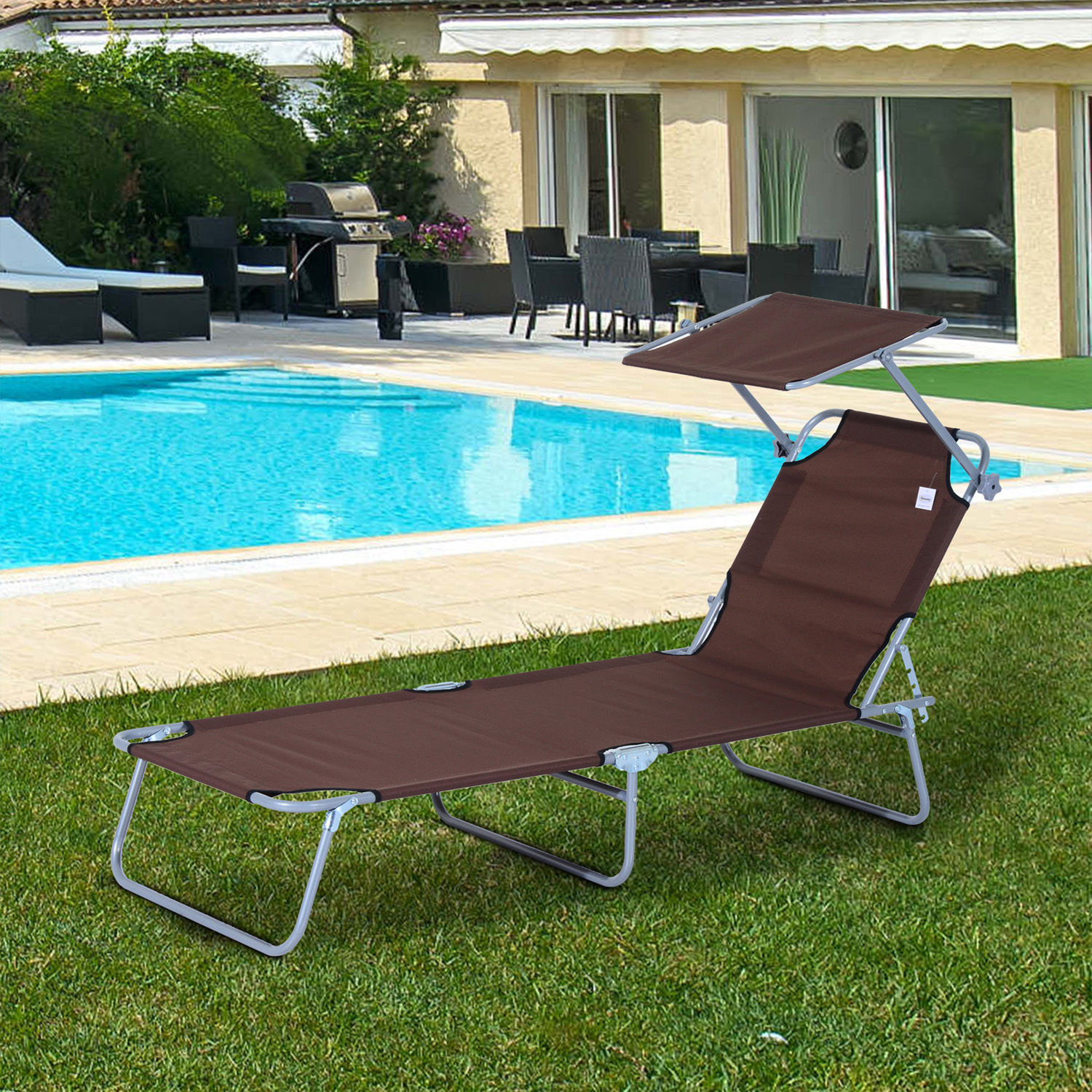 Outsunny Foldable Reclining Sun Lounger with Adjustable Awning - Brown x 1 Piece / 1