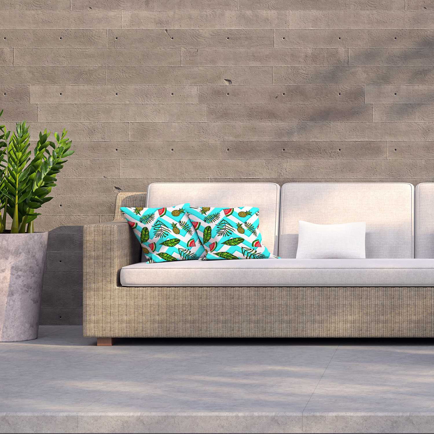 Green leaves and pineapple and watermelon Outdoor Cushion - Blue / 60cm