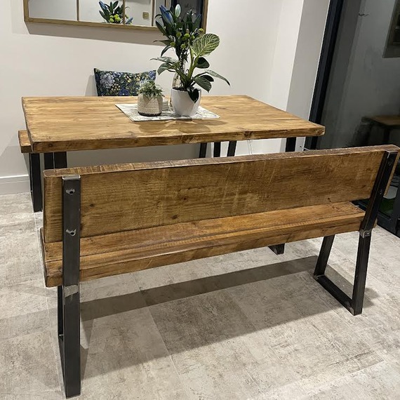 Rustic and Industrial Handmade Dining Table plus Bench with Back - Grey Wash