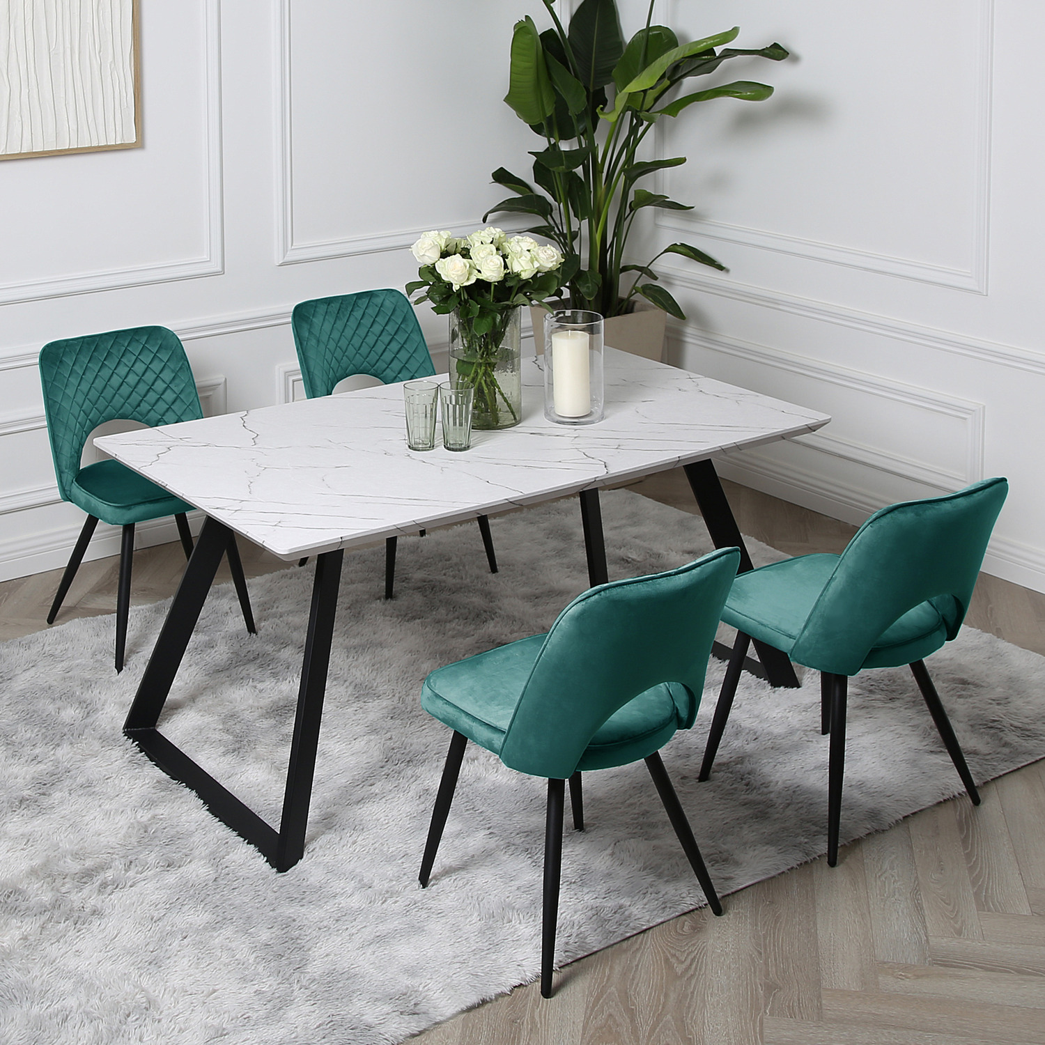 Venice Dining Set - Marble-effect Dining Table With 4 Chairs - Dark Green 75cm