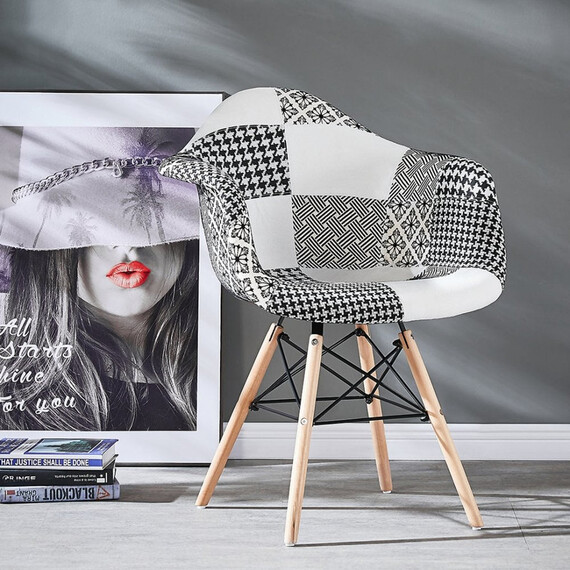 Set of 2 Chrono Patchwork Eiffel Tub Dining Chair Dining Room Black and White