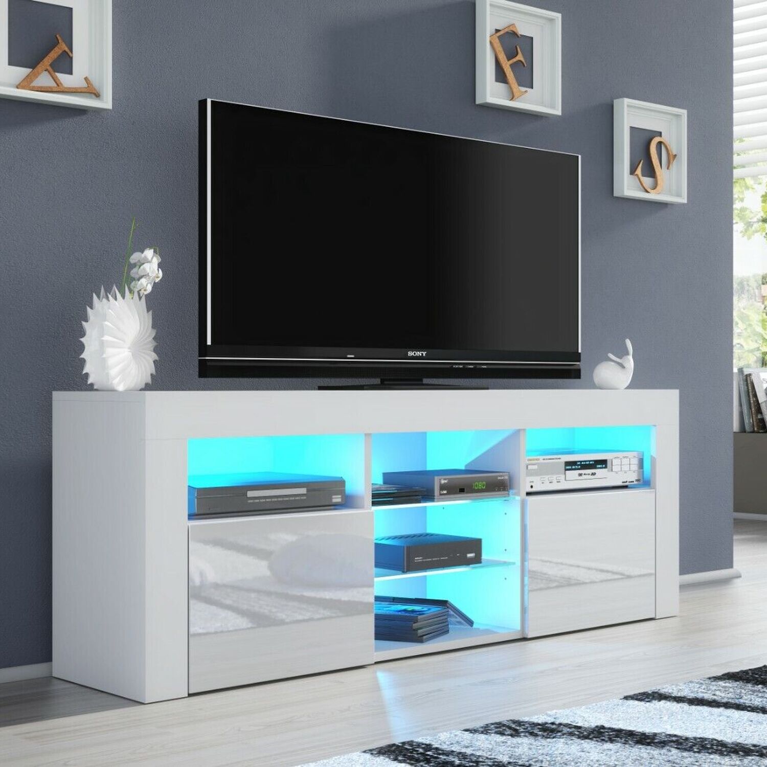 Creative Furniture Unisex White Pulse Tv Unit 145Cm – A Stylish & Practical Cabinet W/ Gloss Doors & Led Lights In - Image 2