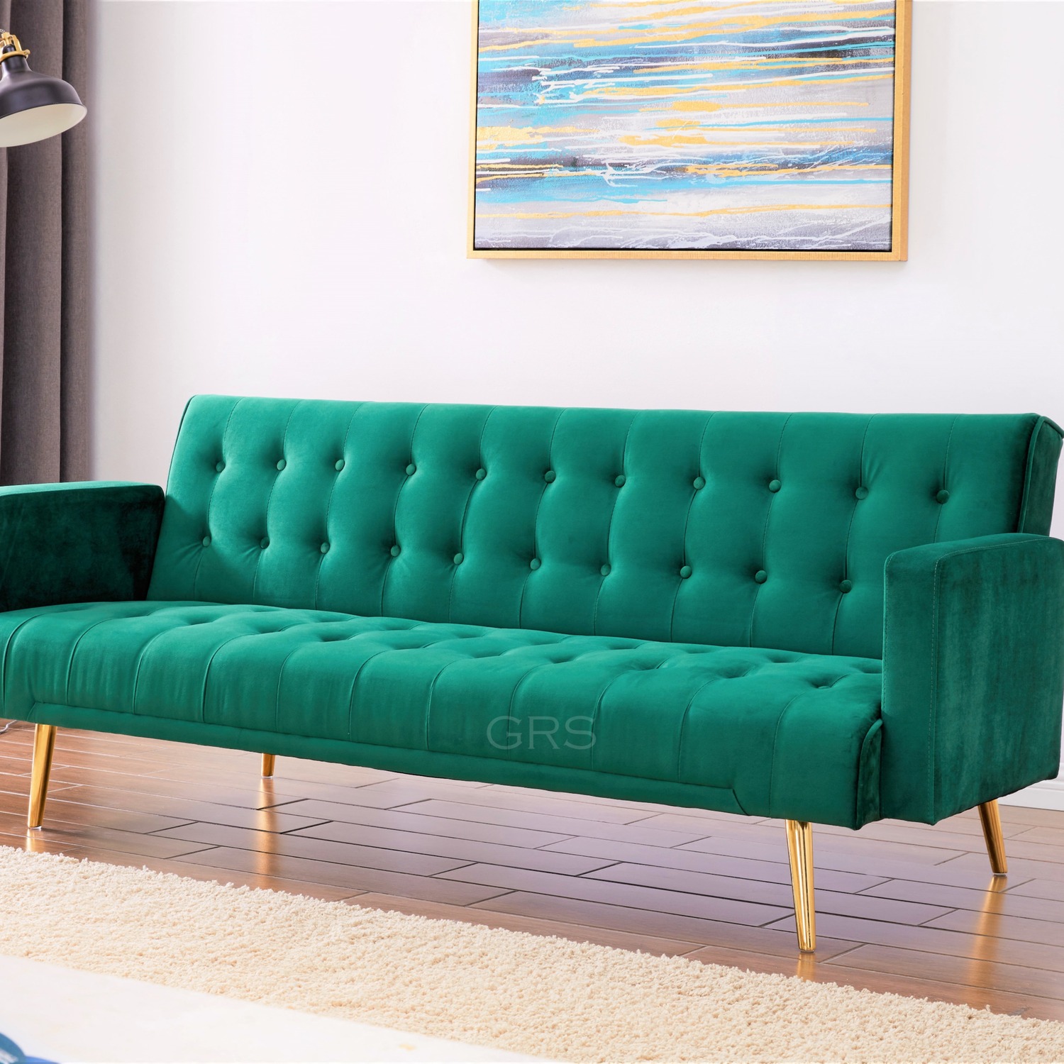 GRS - Molly 3 Seater Velvet Sofa Bed With Metal Legs - Green thumbnail