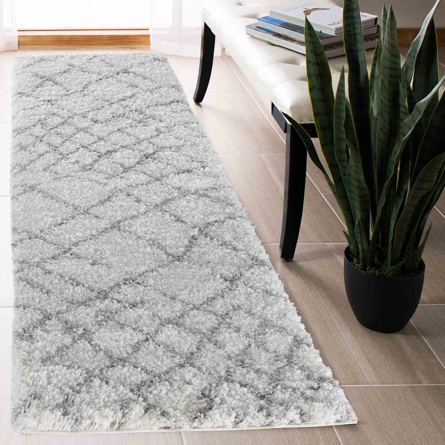 Moroccan Berber Shaggy Rugs Living Room Abstract Design - Light Cream / 60x220 cm Runner