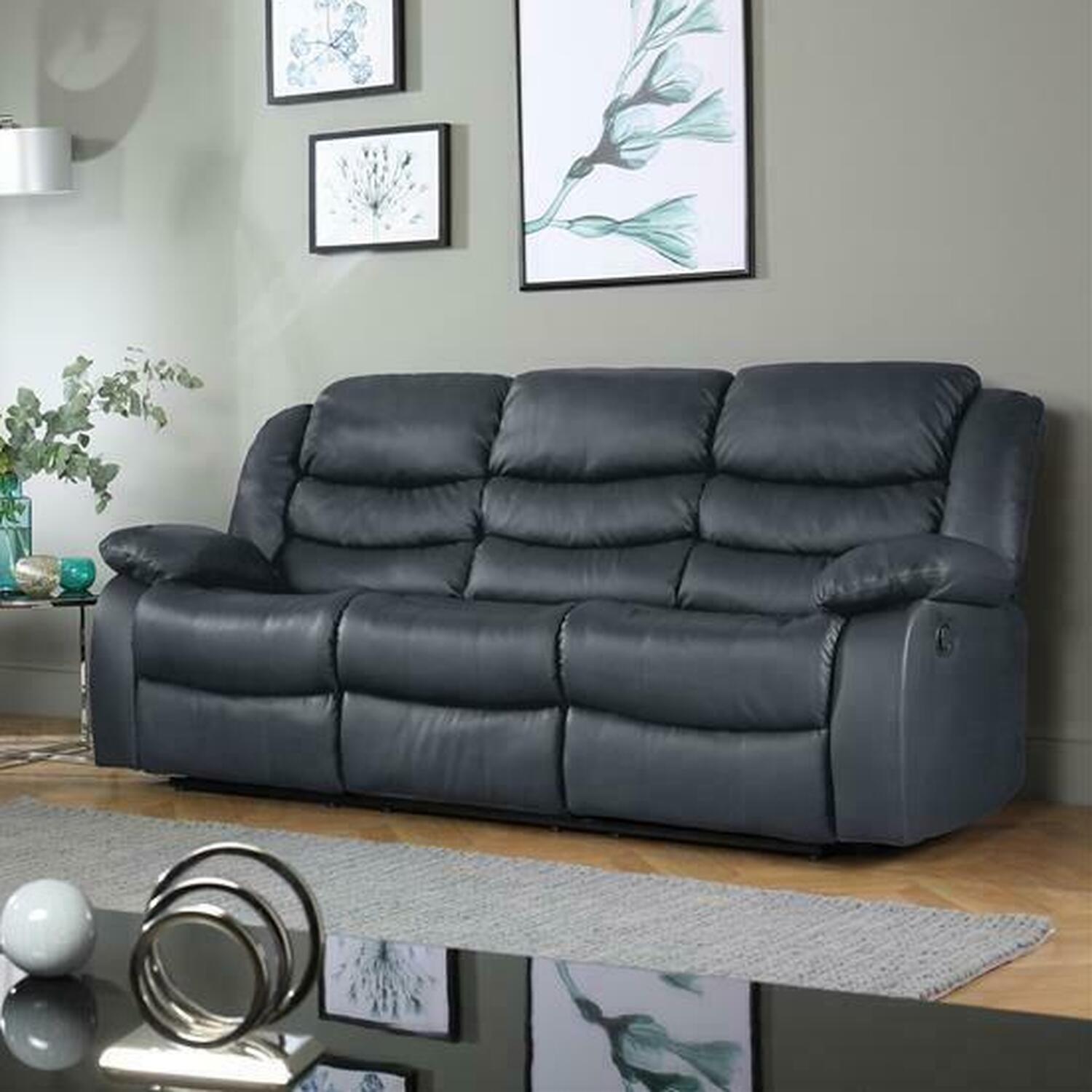 ECO LIVING - 3 Seater Recliner Sofa With Cup Holder - Leather Grey thumbnail