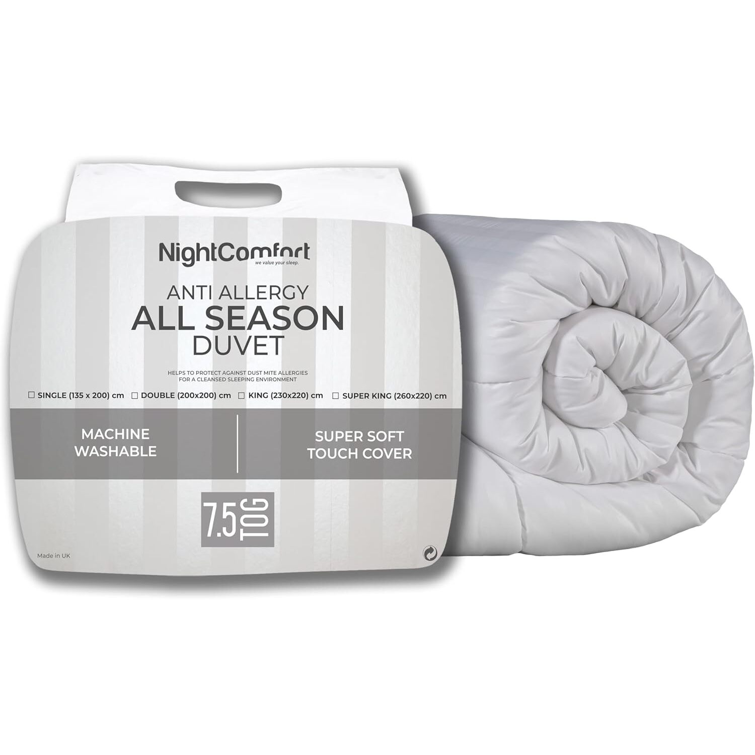 Nightcomfort All Seasons Hypoallergenic 7 5 Tog Satin Stripe Duvet - White Double