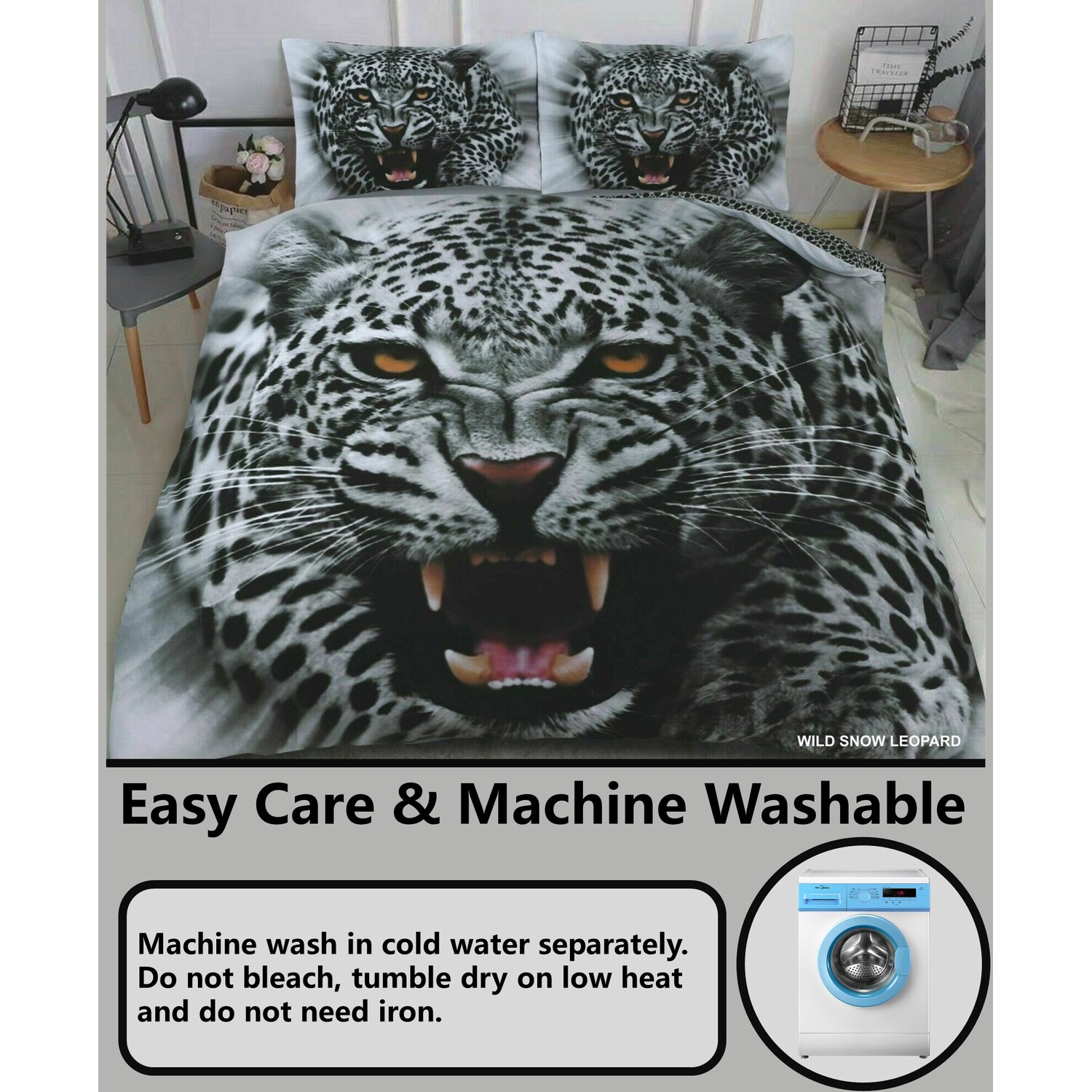 3d Animal Panel Print Duvet Set Premium Polycotton Bedding - Grey Double