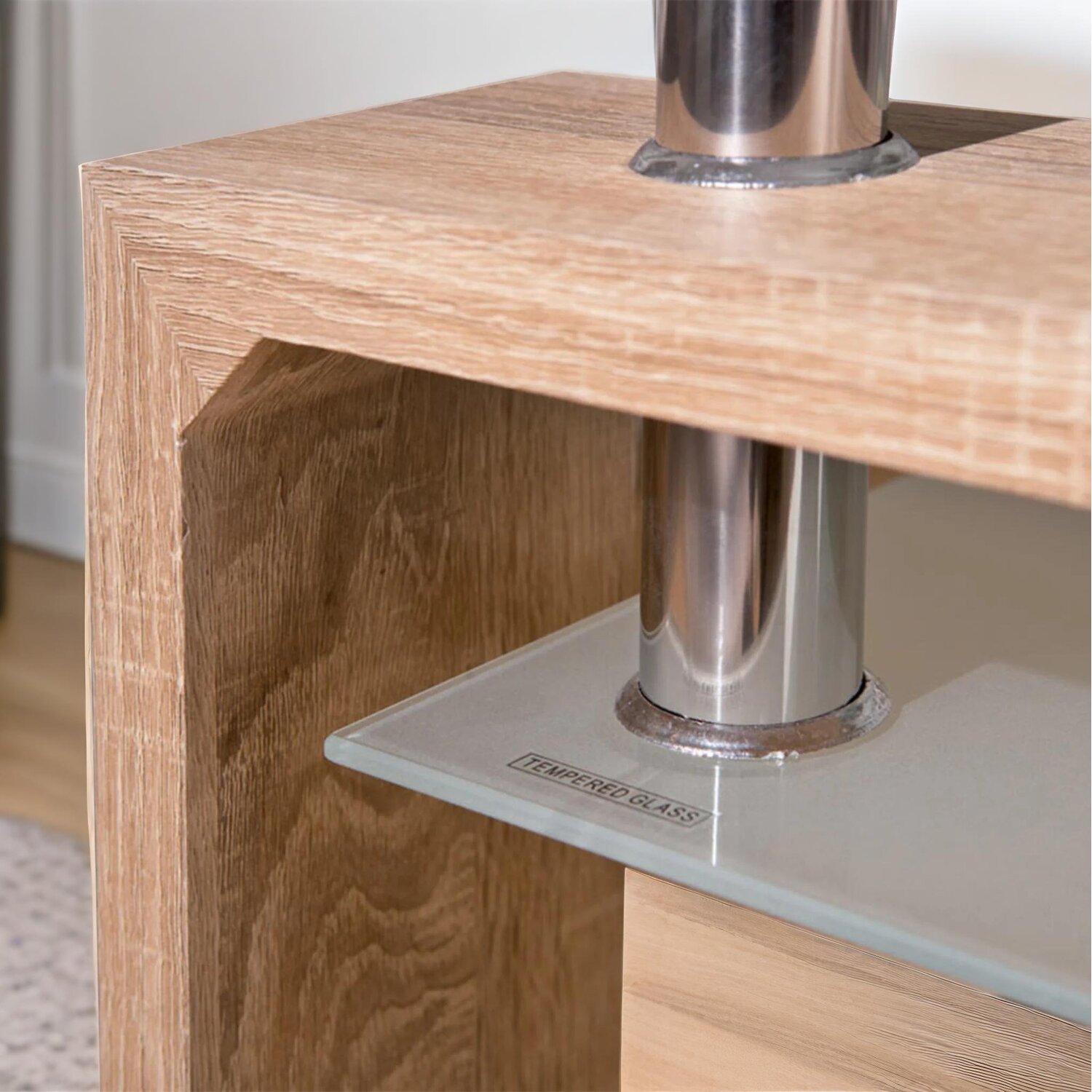 2 Tier Glass Coffee Table - Oak Particle Boardtempered Glass