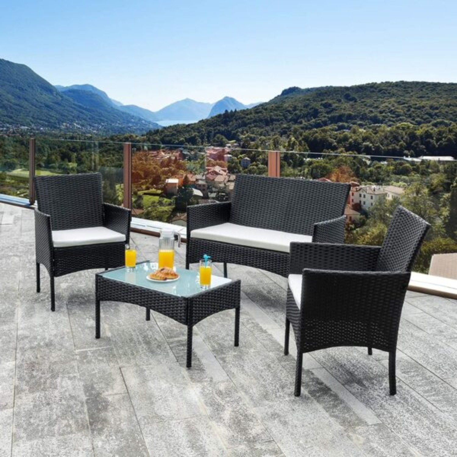 Alivio 4 Piece Rattan Sofa Set Patio Furniture With Coffee Table - Black