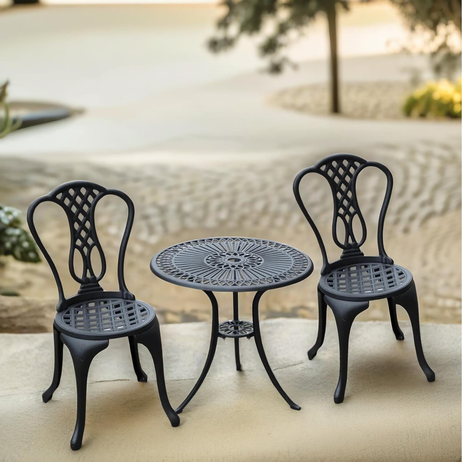 Set Of 3 Cast Aluminium Bistro Table And Chair - Black