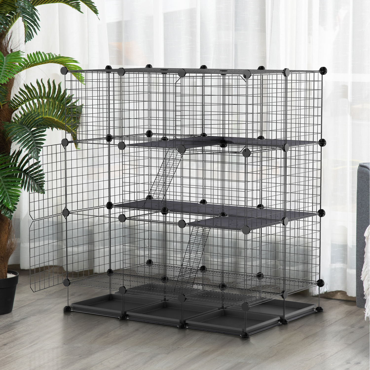 Pawhut 30 Pcs Diy Expandable Pet Cage Steel Bars Doors Trays Plastic Corners - Black