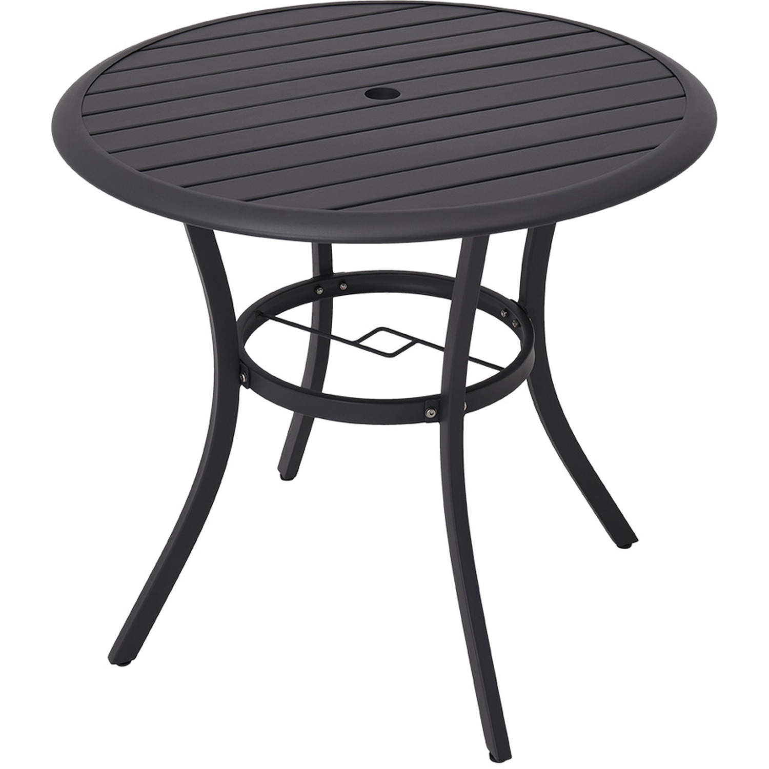 Metal Bistro Set Garden Slatted Table With Two Rattan Chairs - Dark Grey 1 Round Table And 2 Rattan Chairs