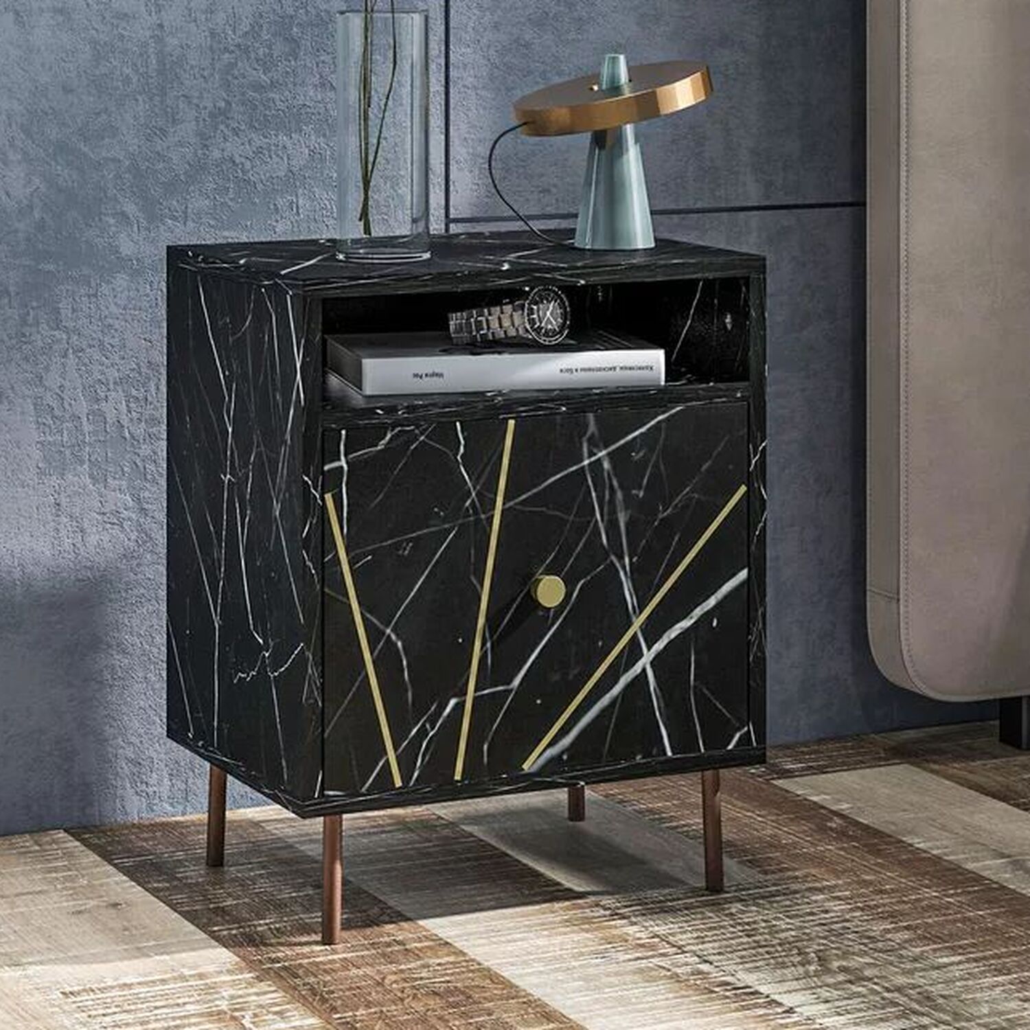 Marble Effect Bedside Table With Storage - Black And Gold