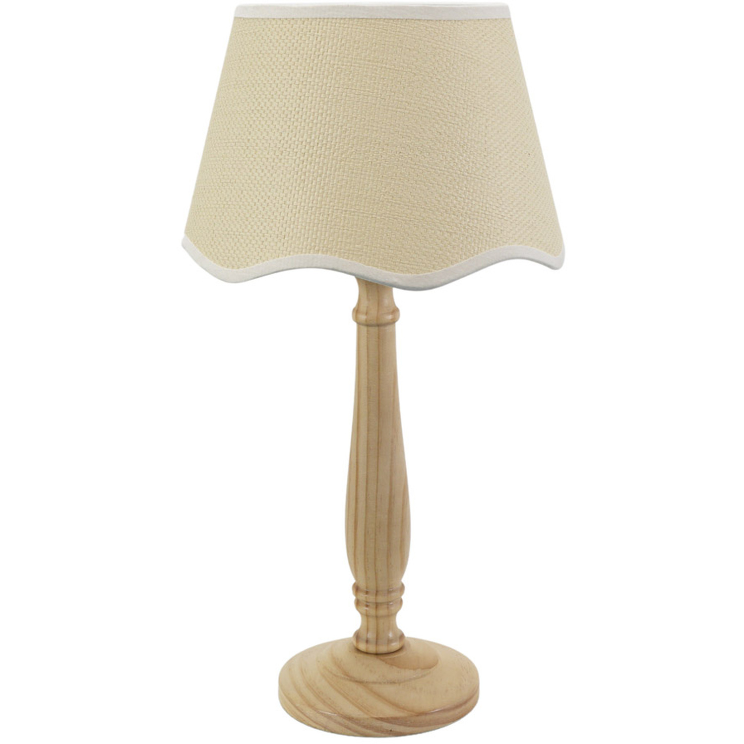 Victoria Light Wood Candlestick Table Lamp with Linen Scallop Trim Tapered Shade - White / Bulb Included