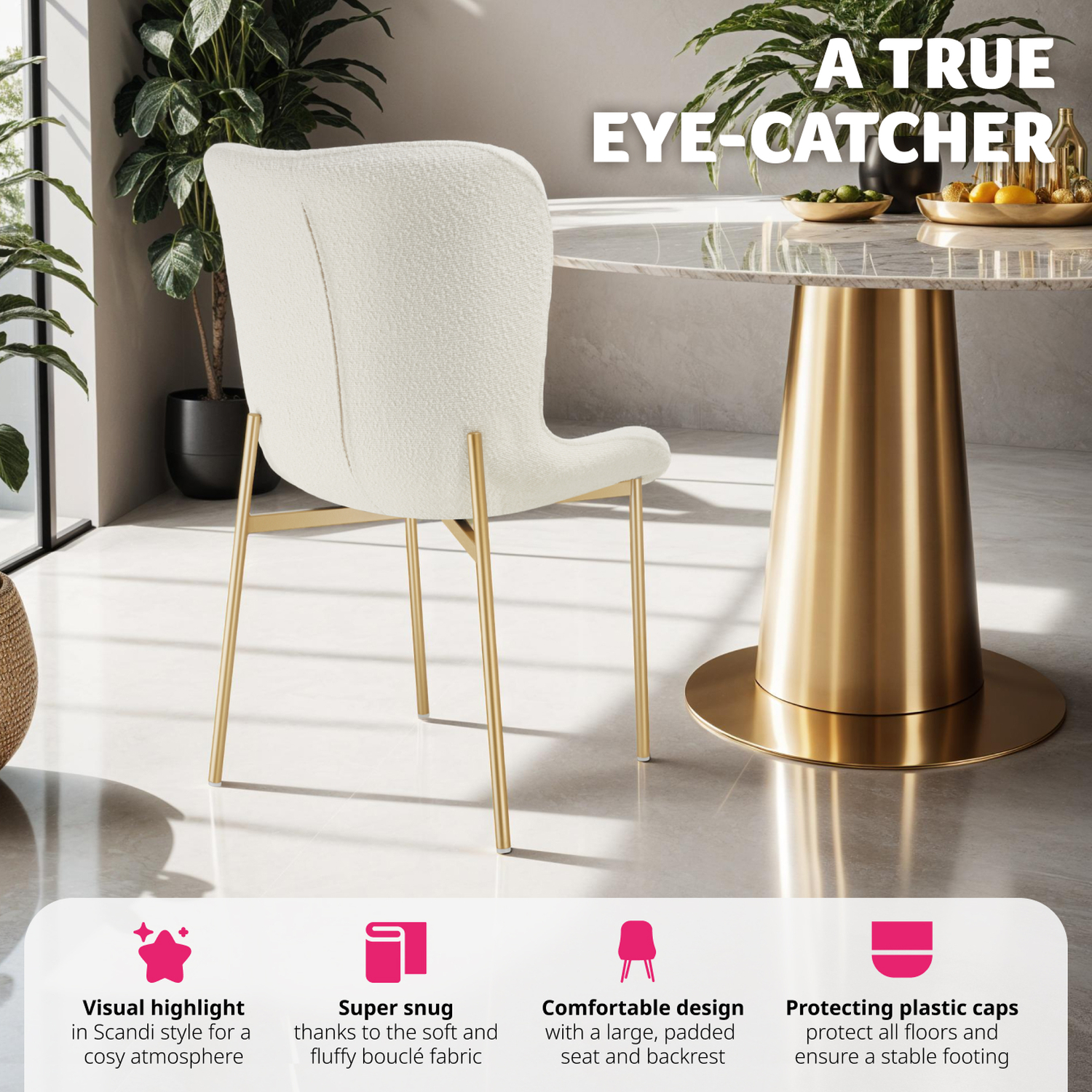 Dining Chair Tessa - Ergonomic High Backrest - Boucle White Gold 4