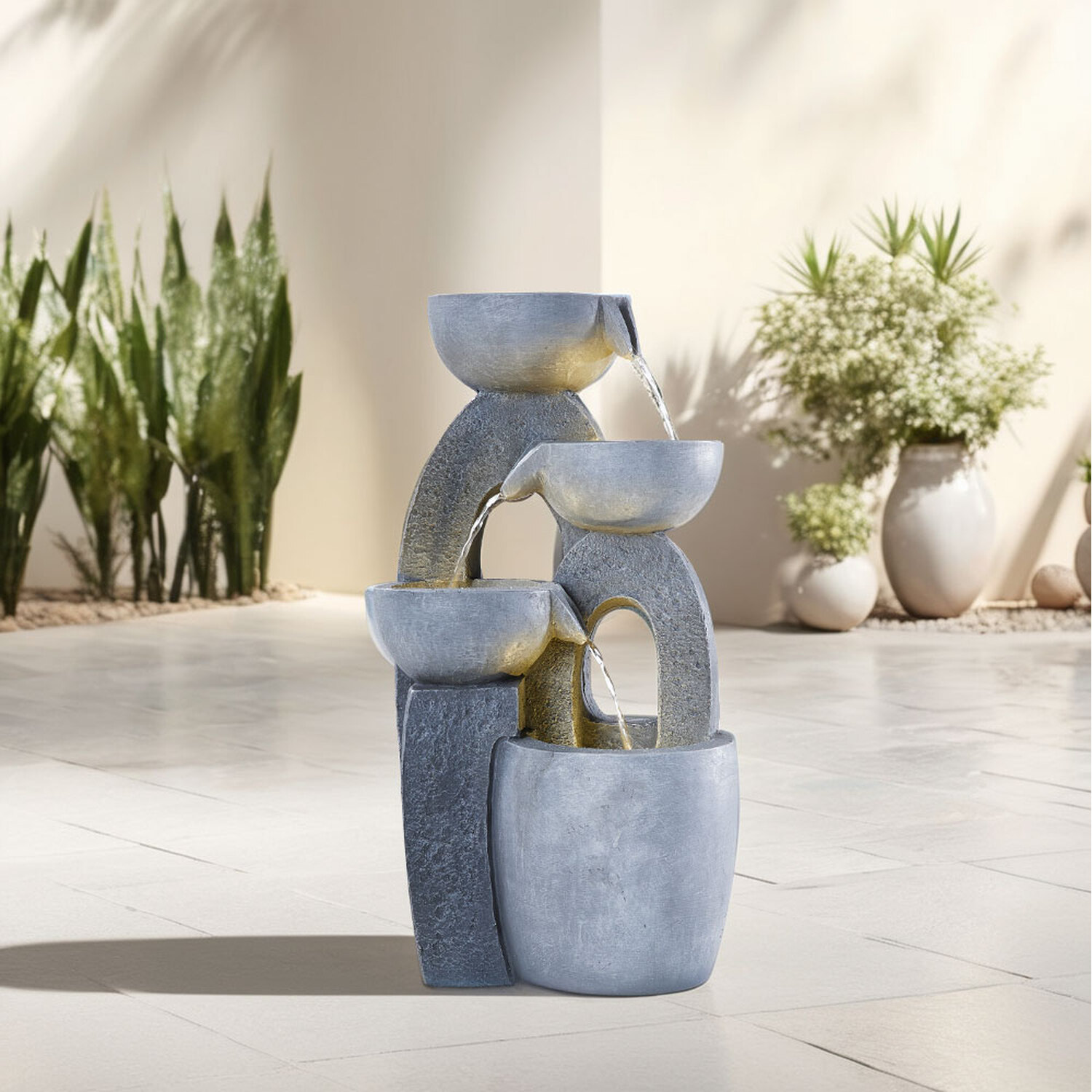 Lifeideas Outdoor Tiered Bowl Solar Fountain With Led Lights - Grey / 27Cm