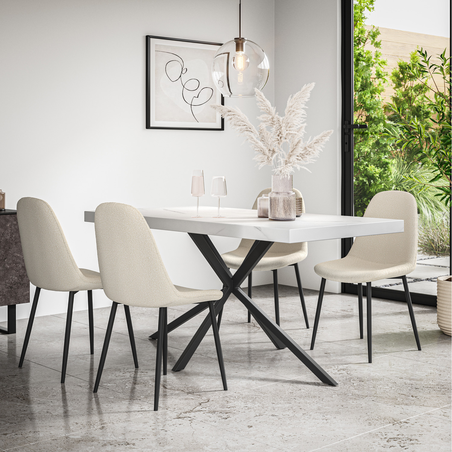 Donni Dining Table And Chairs - Marble Effect Table W 4-6 Maya Boucle Chair - White 4