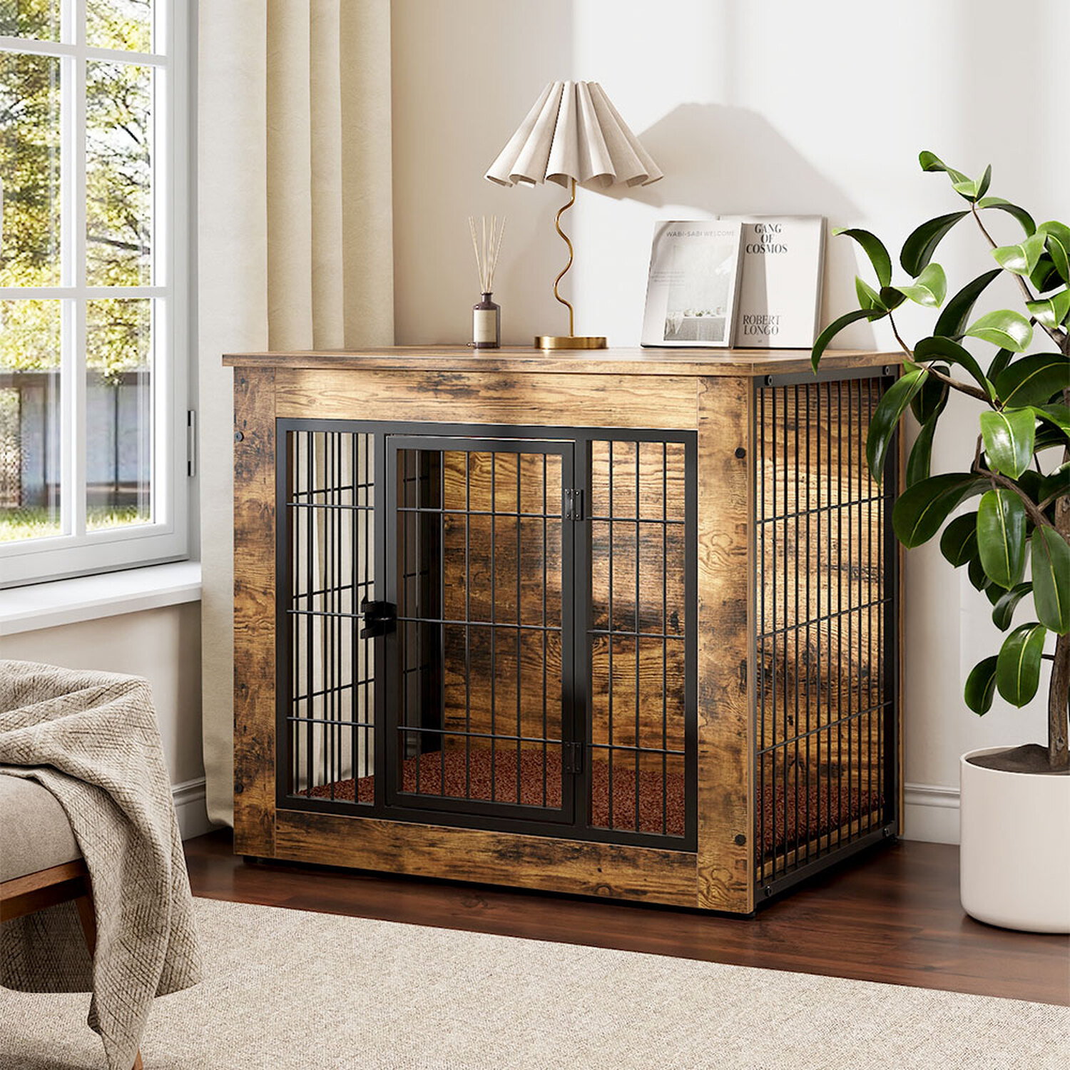 Livingandhome Retro Style Wooden Dog Crate With Double Doors - Brown