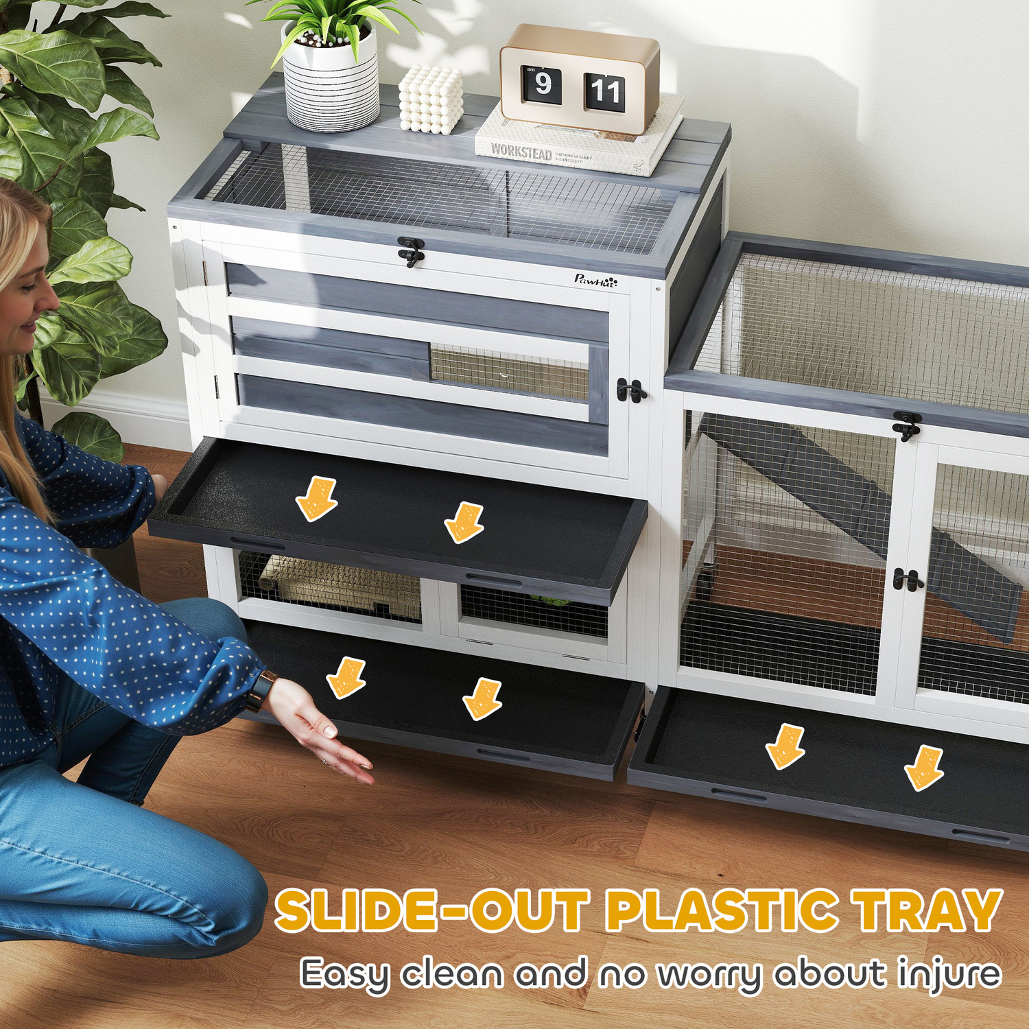 PawHut 2 Tier Rabbit Hutch Indoor with Run Wheels 3 Plastic Trays