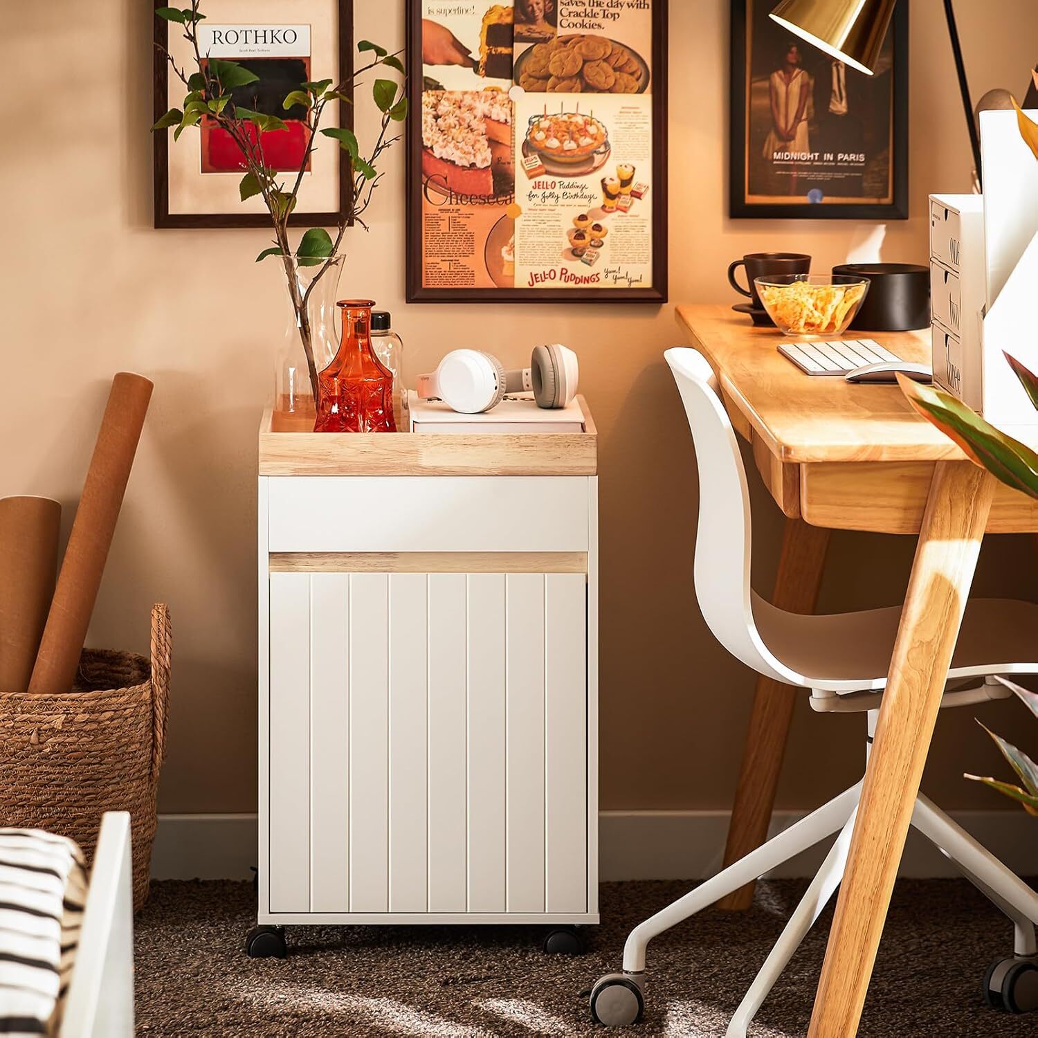 Office Filing Cabinet With Removable Tray - White And Natural
