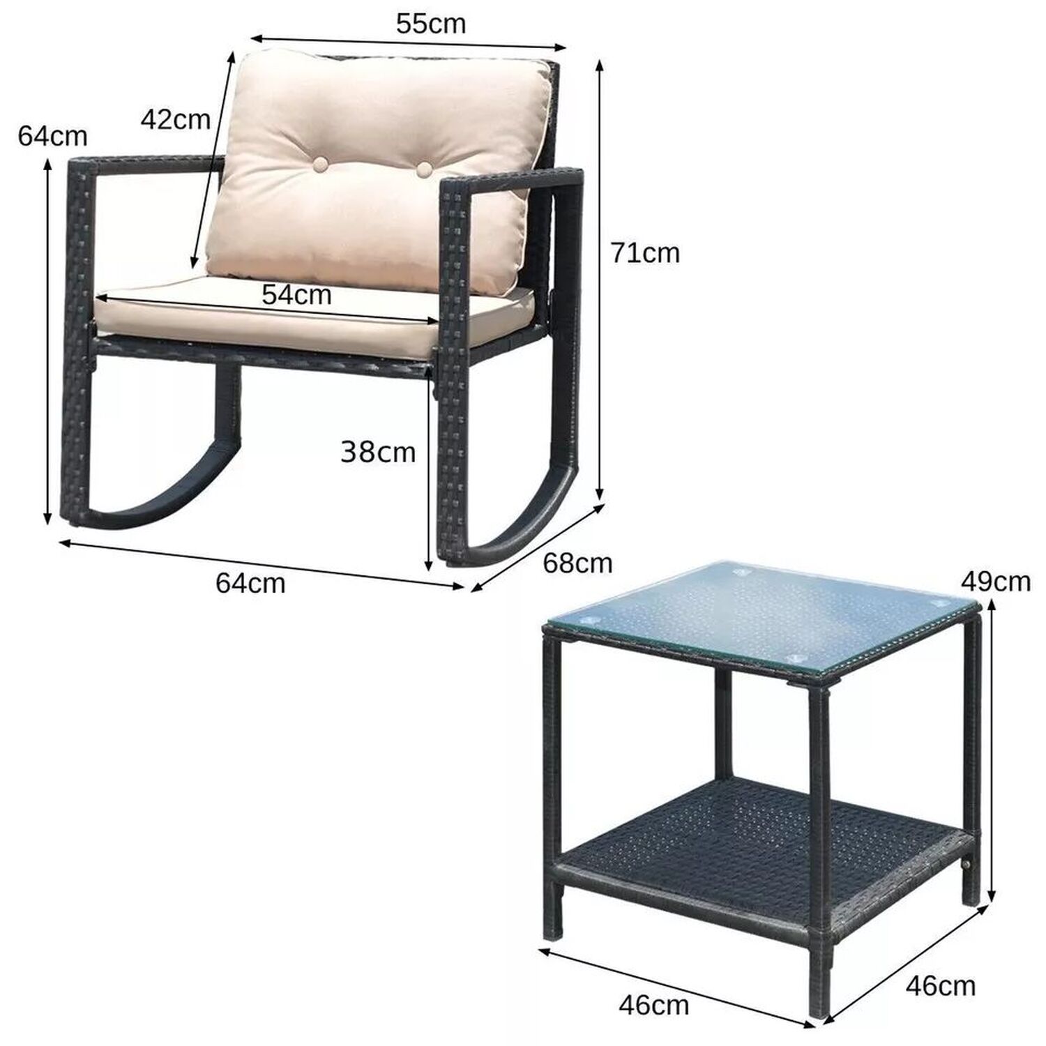 3 Piece Outdoor Rocking Bistro Set Pe Rattan With Cushion - White