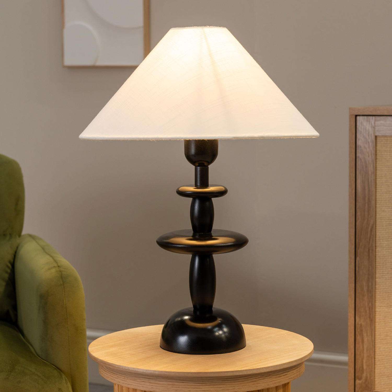 Justin Dark Wood Stacked Table Lamp with Tapered Linen Shade and LED Bulb - Black