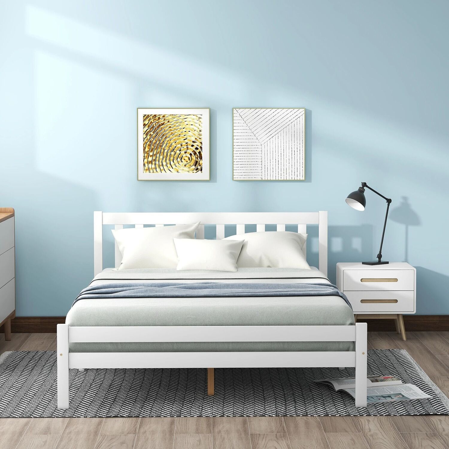 Double Wooden Bed Frame For Bedroom - White