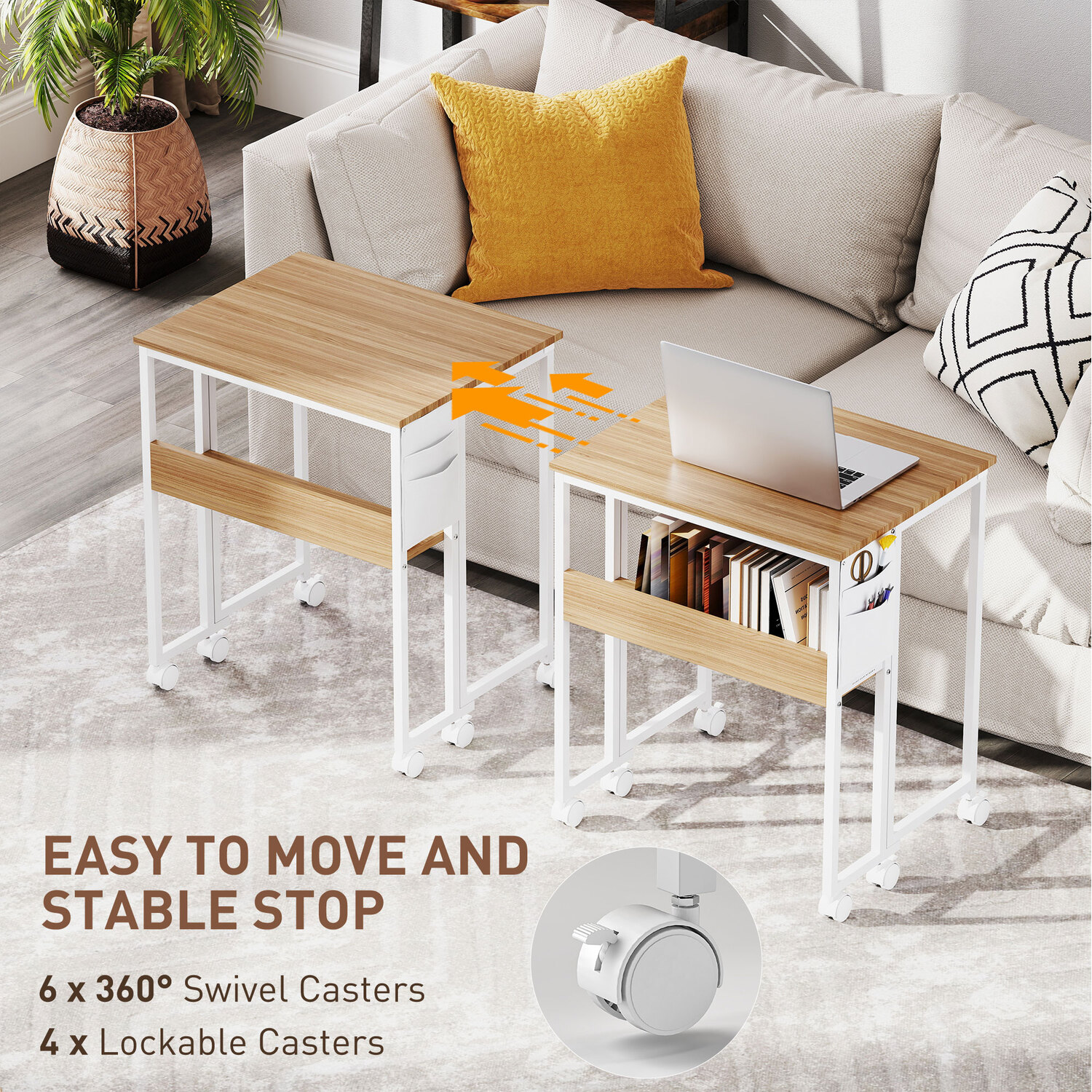 Homcom Folding Desk With Open Shelf Storage Bag On Wheels - Natural Wood Finish