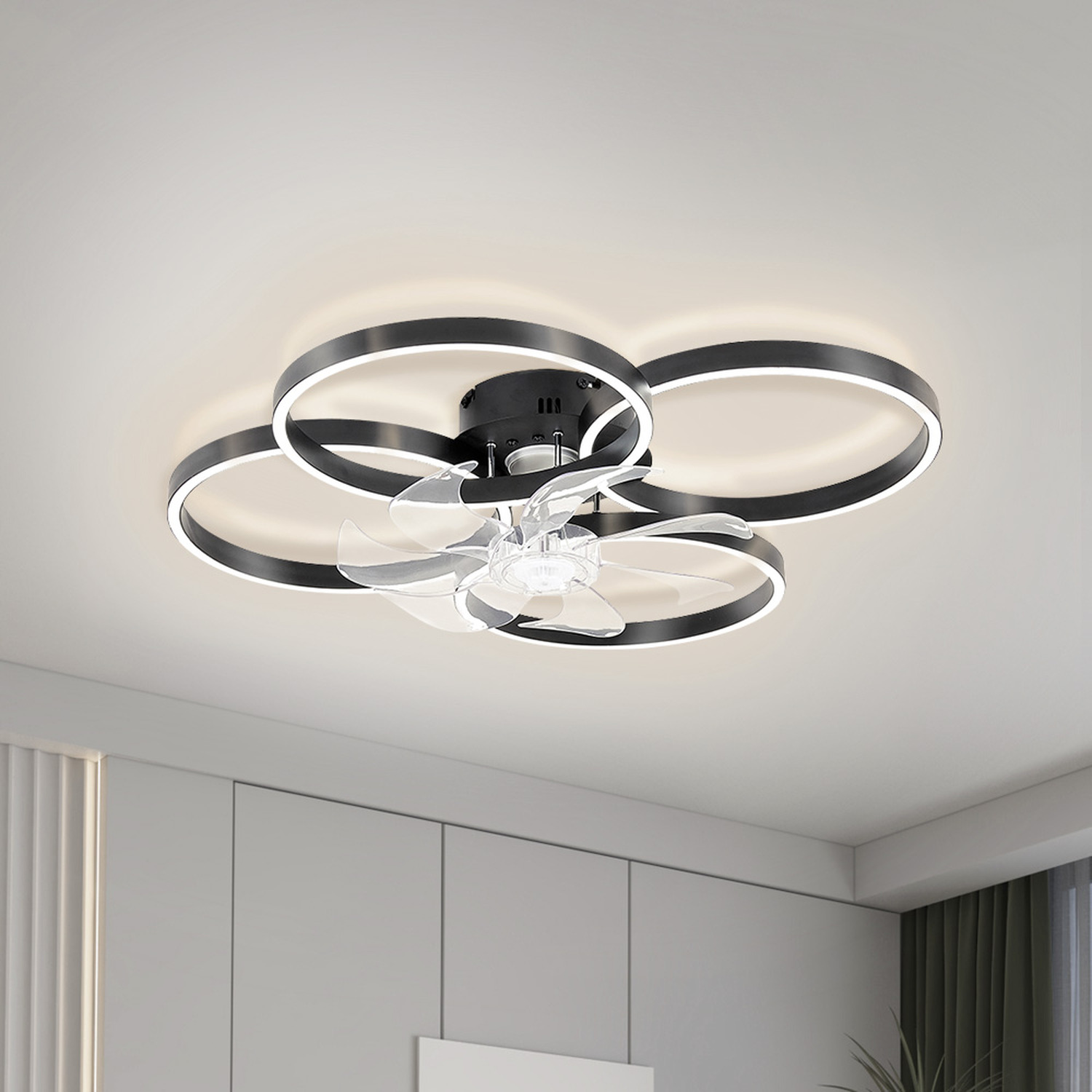 Lifeideas Modern LED Ceiling Light with Fan, 4 circle - Black