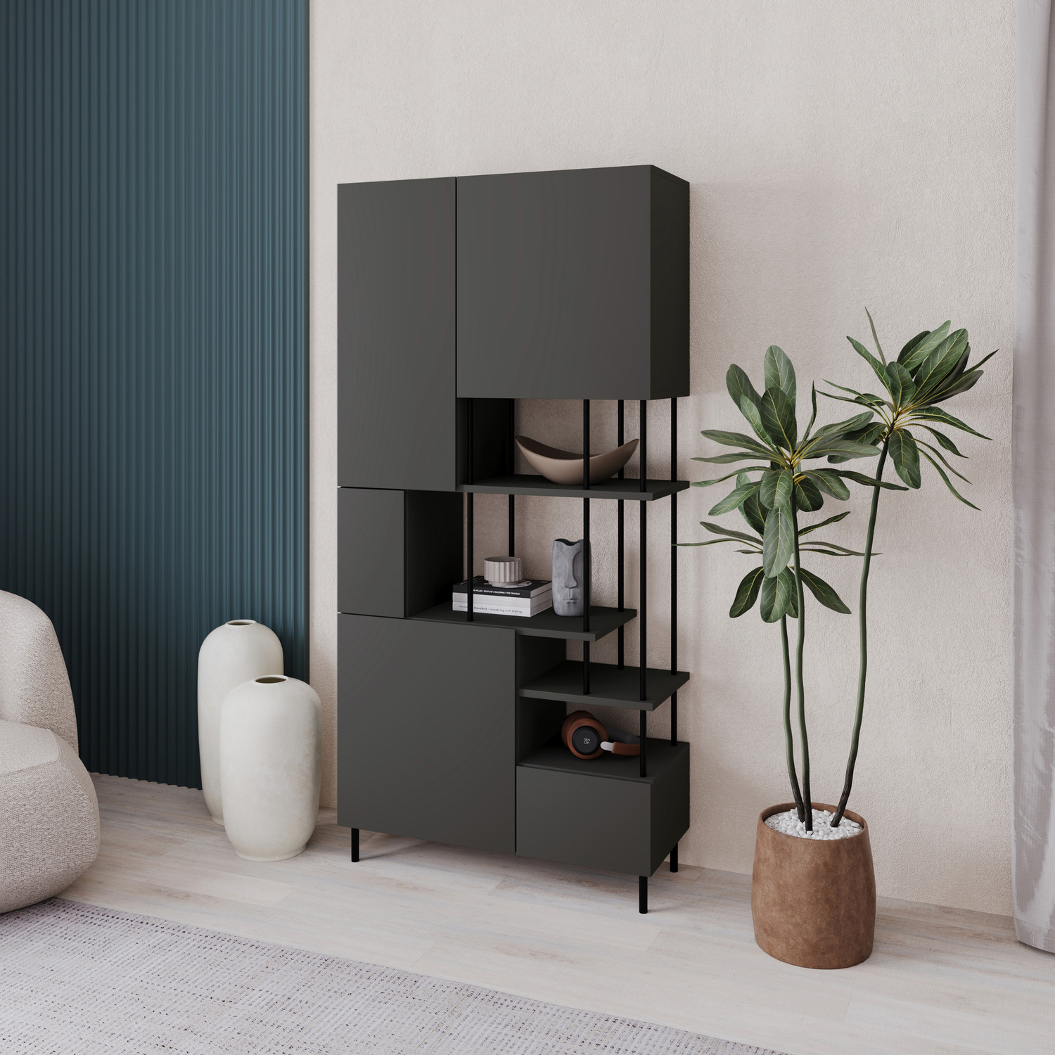 Modern Key Bookcase 5-Door Cabinet with Open Shelves