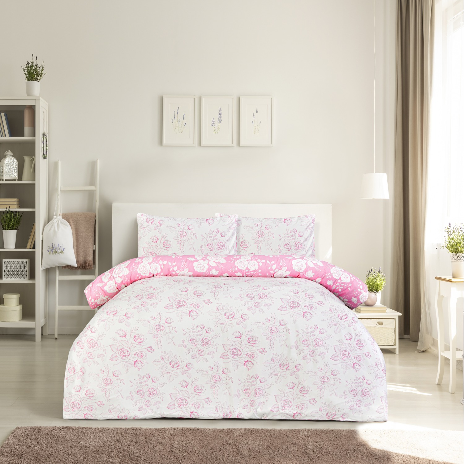 Luxury Super Soft Reversible Floral Toile Duvet Cover with Pillowcase - Pink / Double
