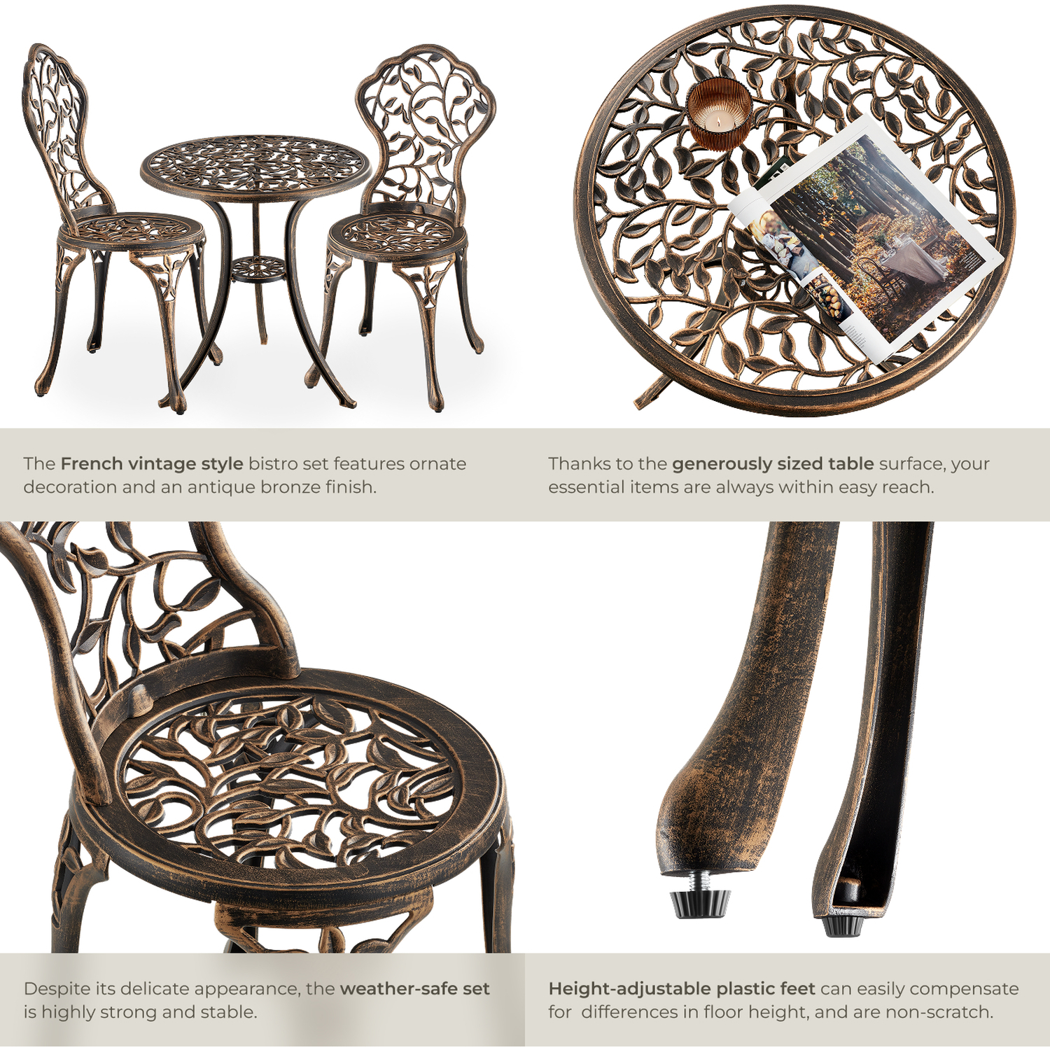 Garden Furniture Set With 2 Chairs And 1 Table In A Vintage Bronze Look - Black Grey