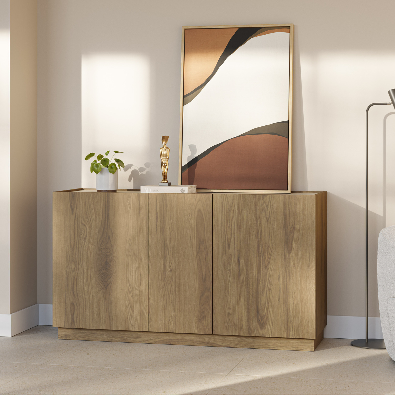 Decortie Modern Sideboard Cabinet with 3 Soft-Close Doors - Whiskey Oak, Travertine