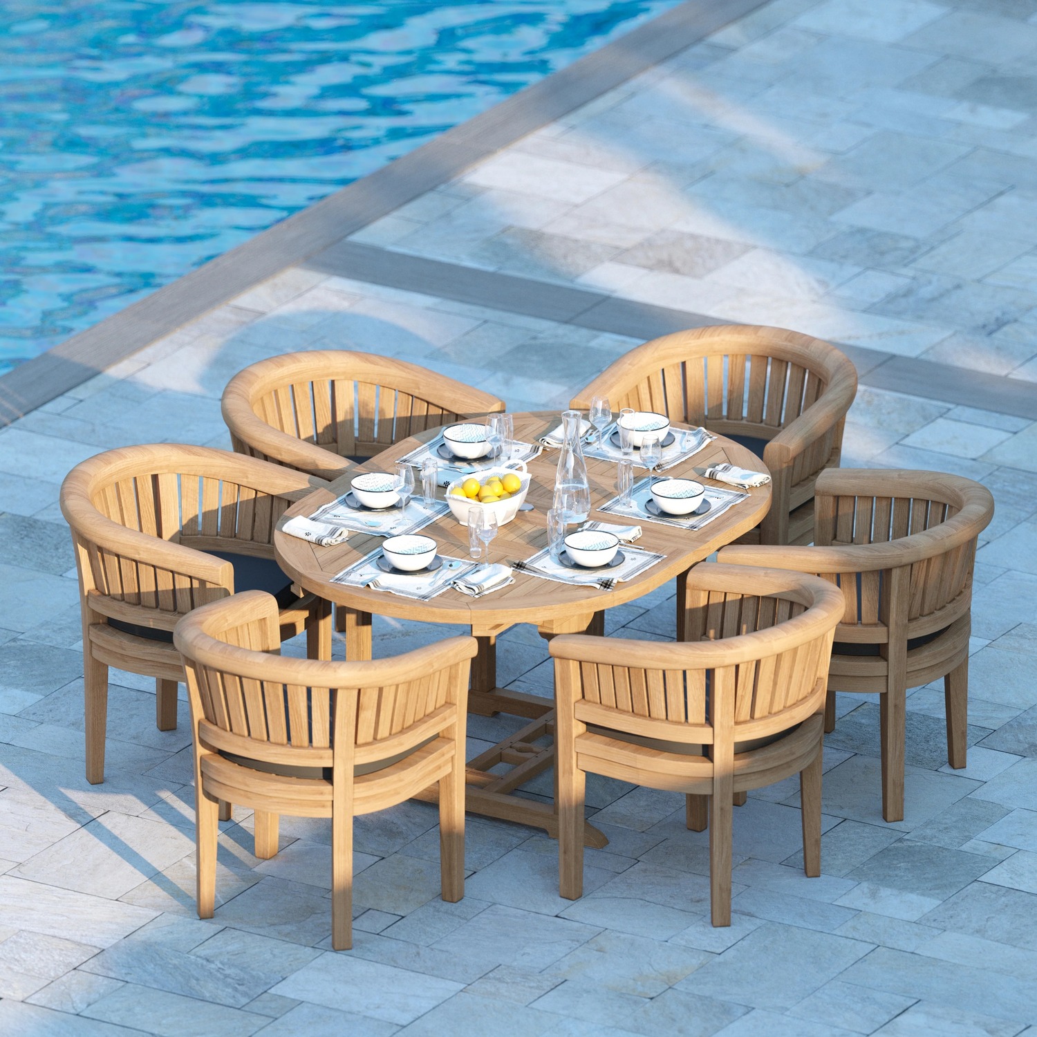 Faro Teak Garden Dining Table And 6 Seat Chair Set - Teak Table 6 Chairs Cream Cushions