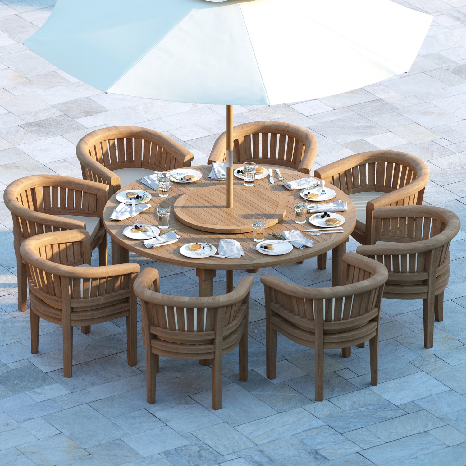 Bordeaux Teak Garden Dining Table And 8 Seat Chair Set - Teak Table 8 Chairs Cream Cushions