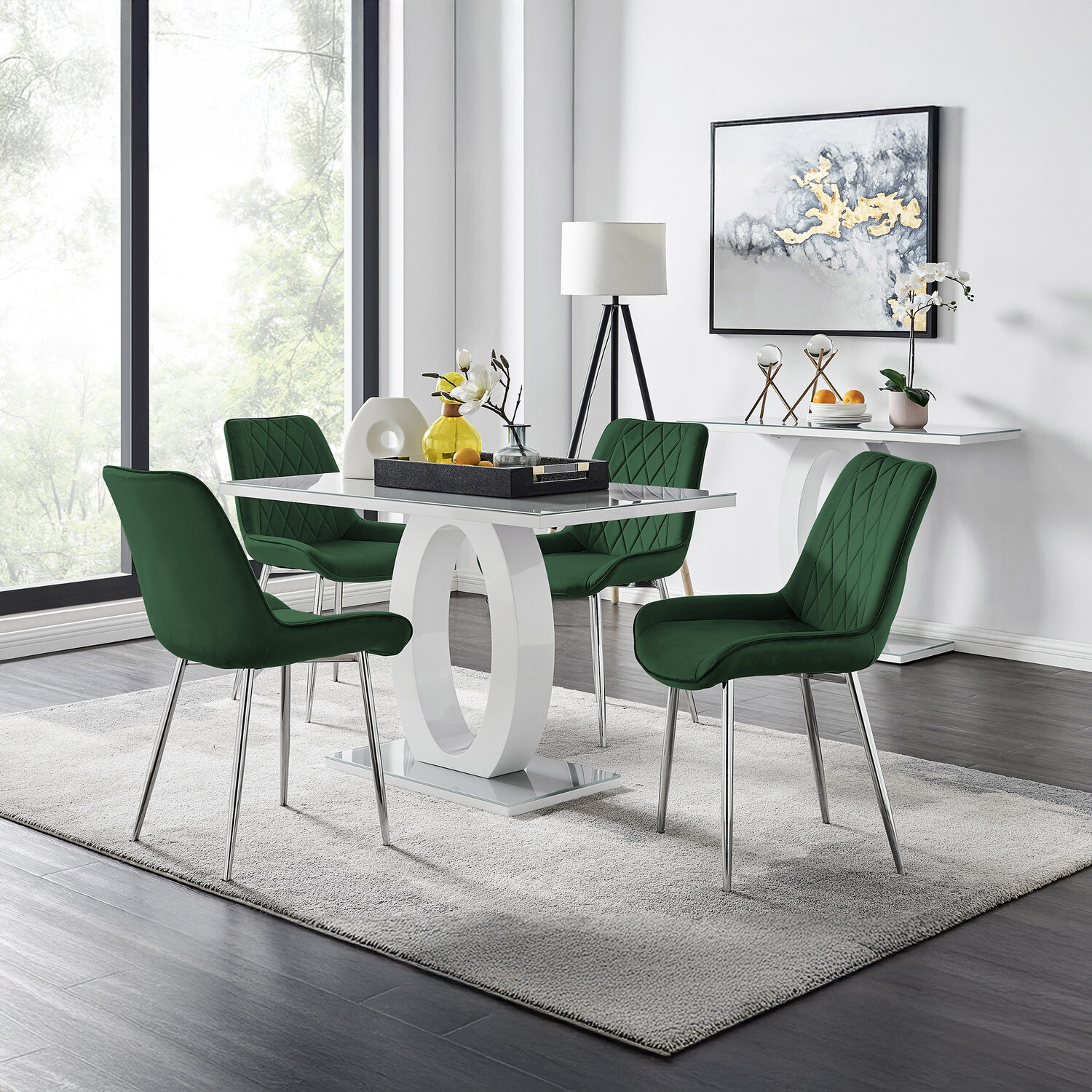 Furnitureboxuk Giovani Grey Dining Table With Four Pesaro Silver Leg Chairs - Green