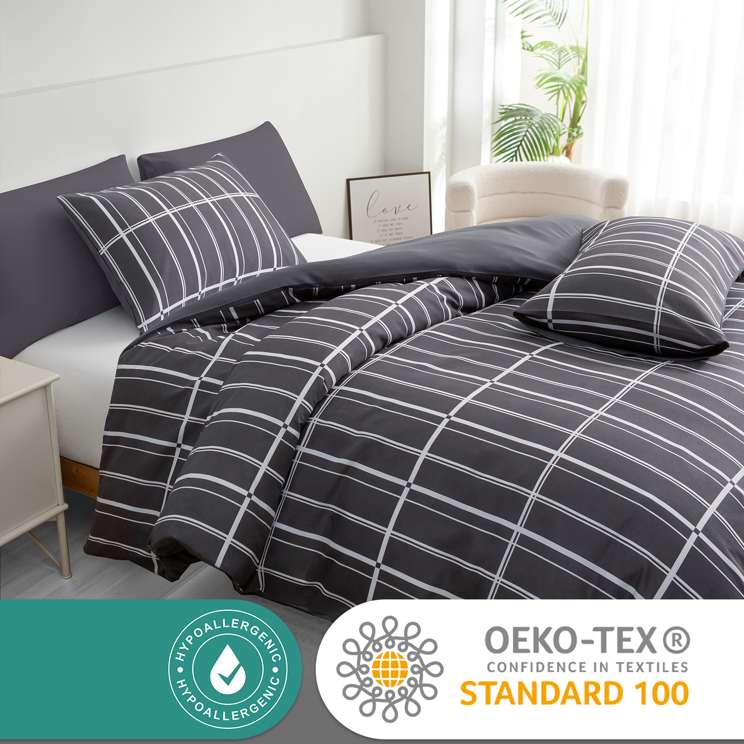 Alston Brushed Microfiber Duvet Cover Set With Zipper Closure - Charcoal Double